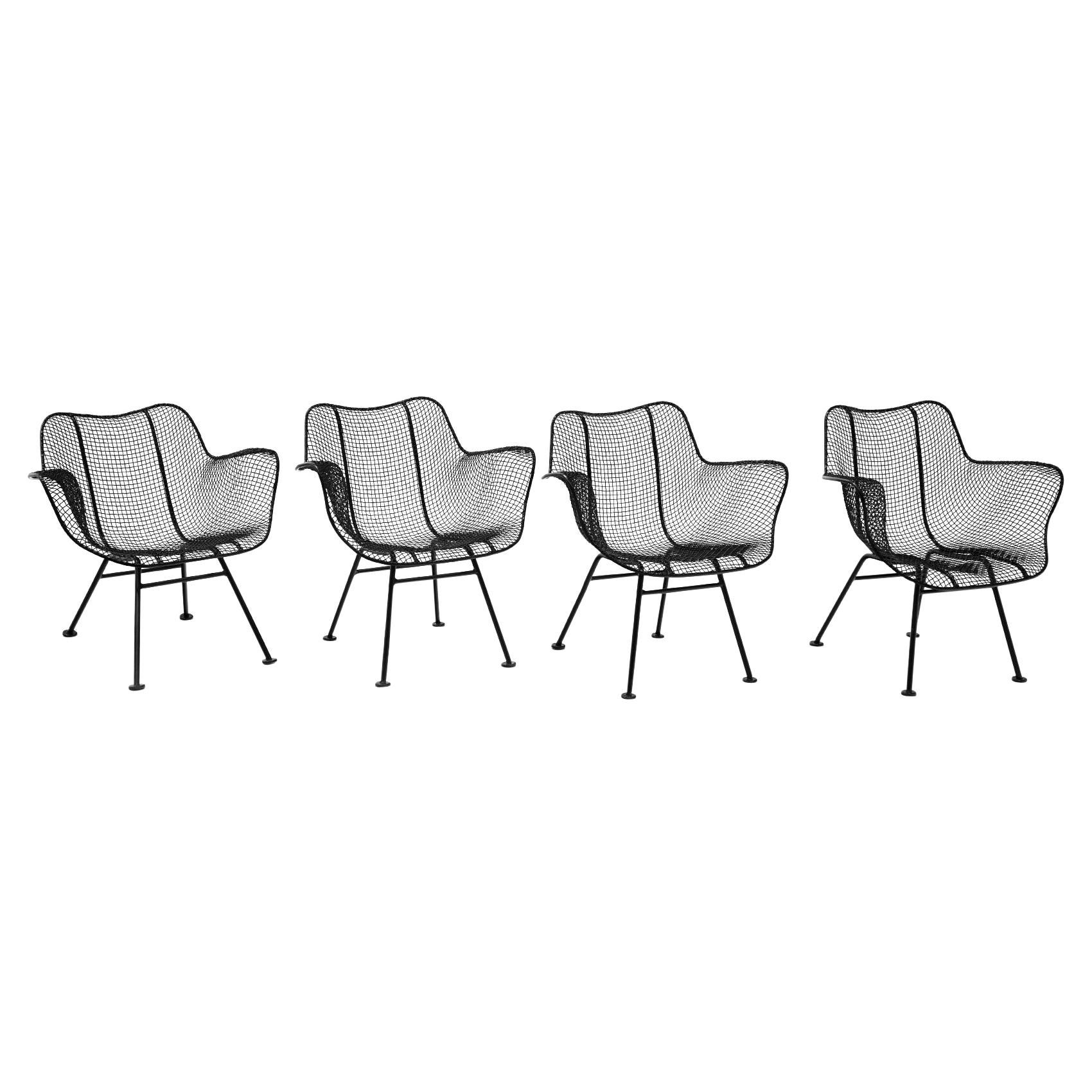 4 Sculptura Lounge Chairs with Arms by John Woodard Black Woven Wire Restored