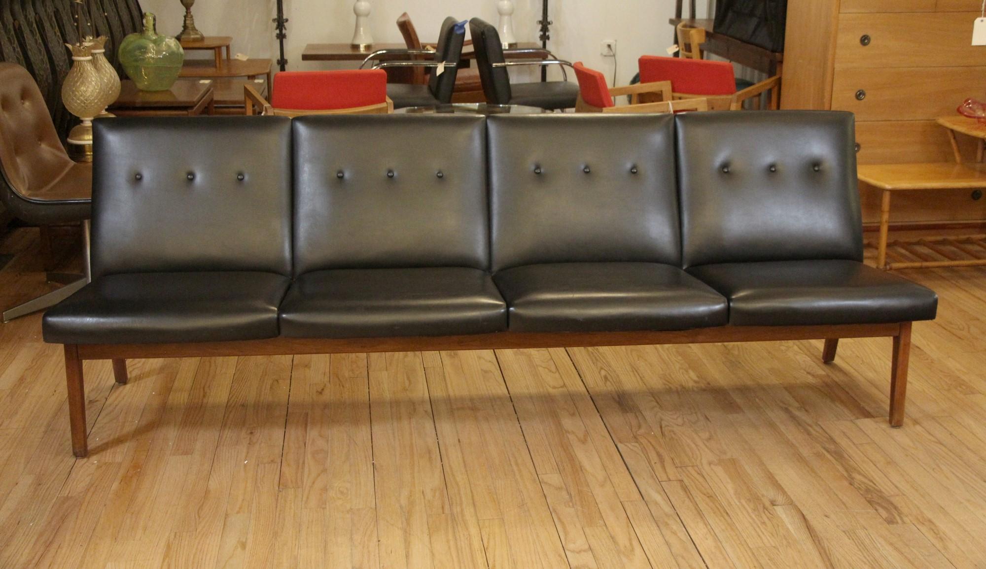 American 4 Seat Black Sofa with Wood Legs, Mid-Century Modern Style with Buttons