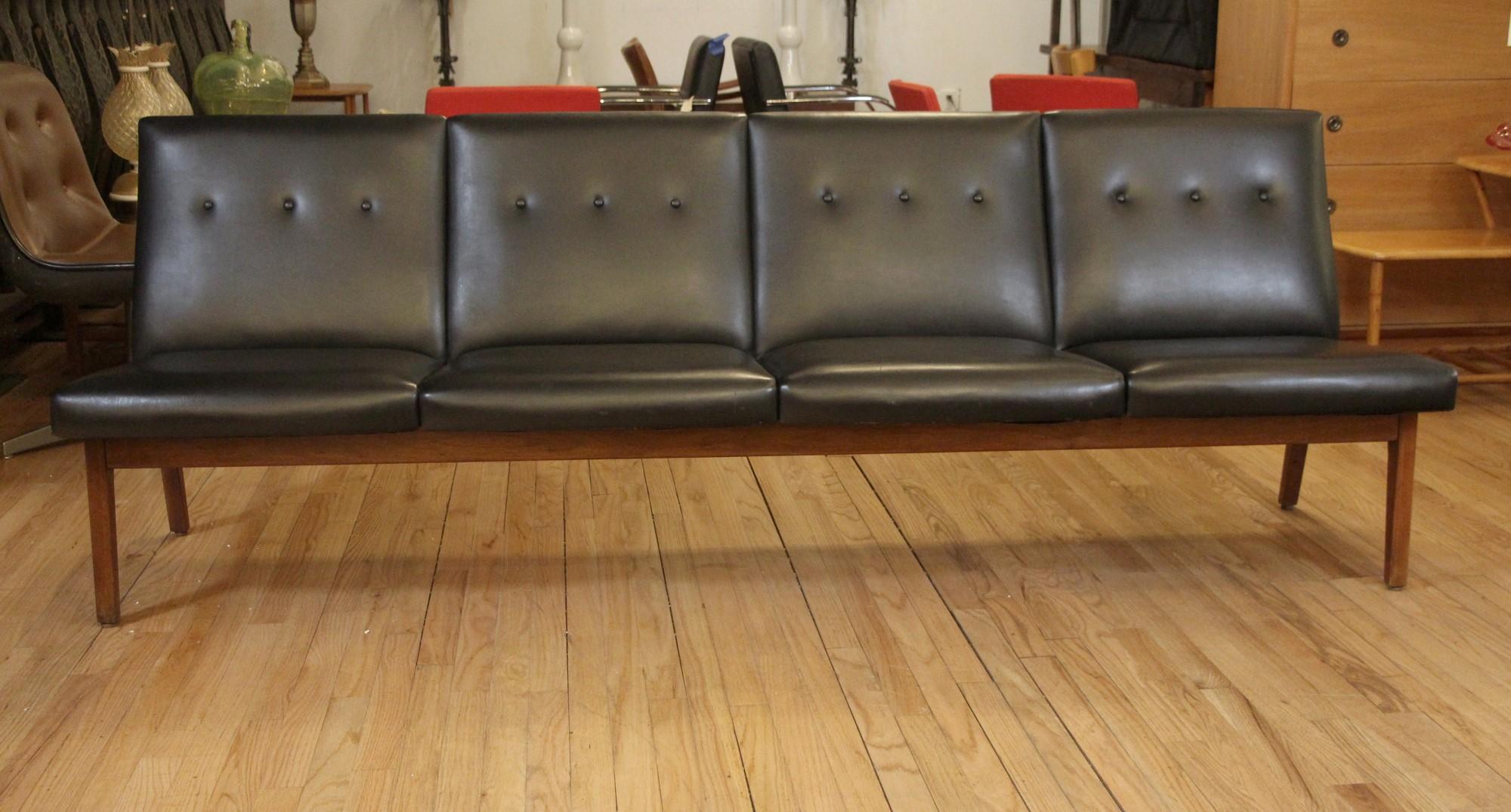 4 Seat Black Sofa with Wood Legs, Mid-Century Modern Style with Buttons In Good Condition In New York, NY