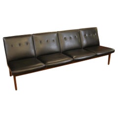 4 Seat Black Sofa with Wood Legs, Mid-Century Modern Style with Buttons