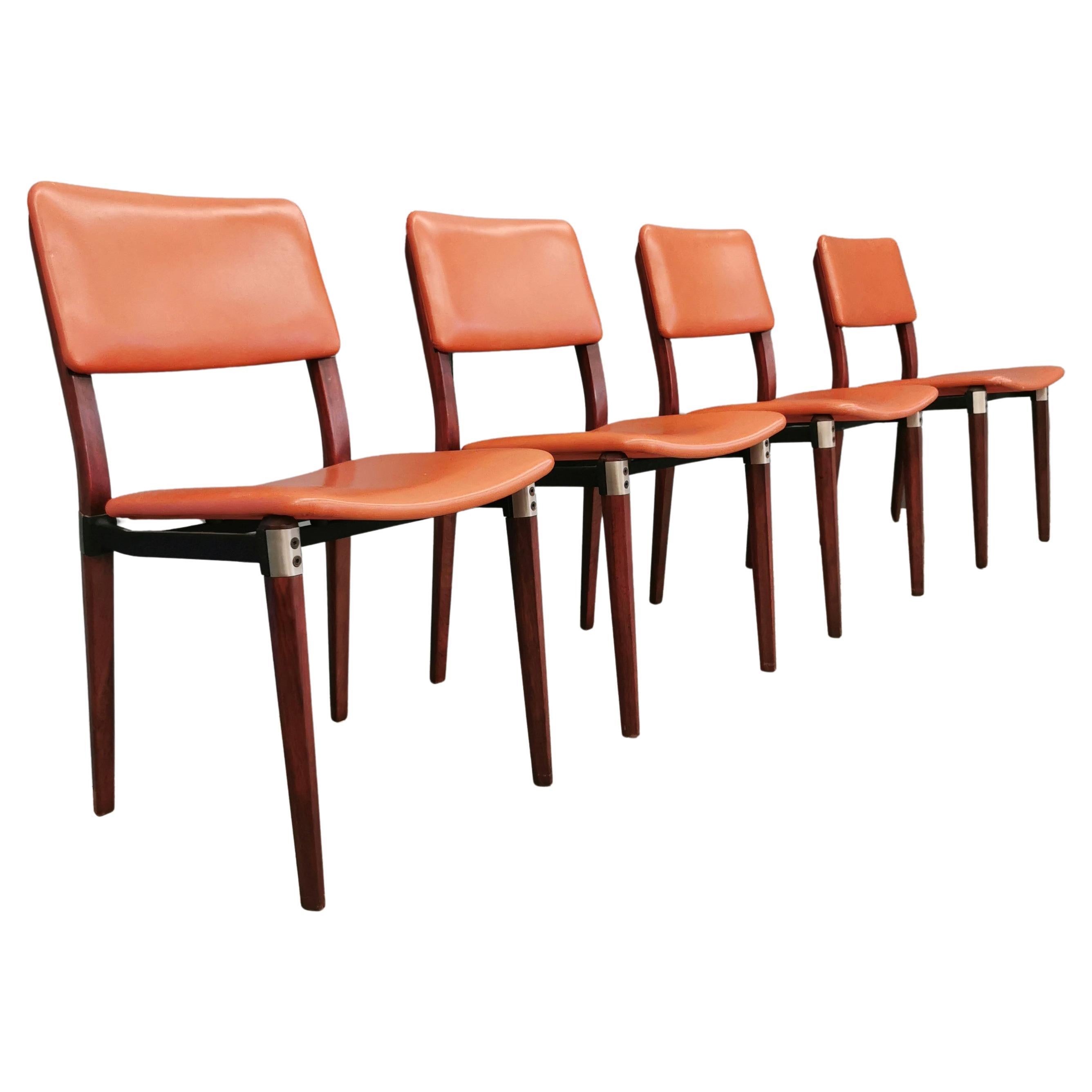 4 chairs Wood and leather S82 Eugenio Gerli for Tecno 1960's For Sale