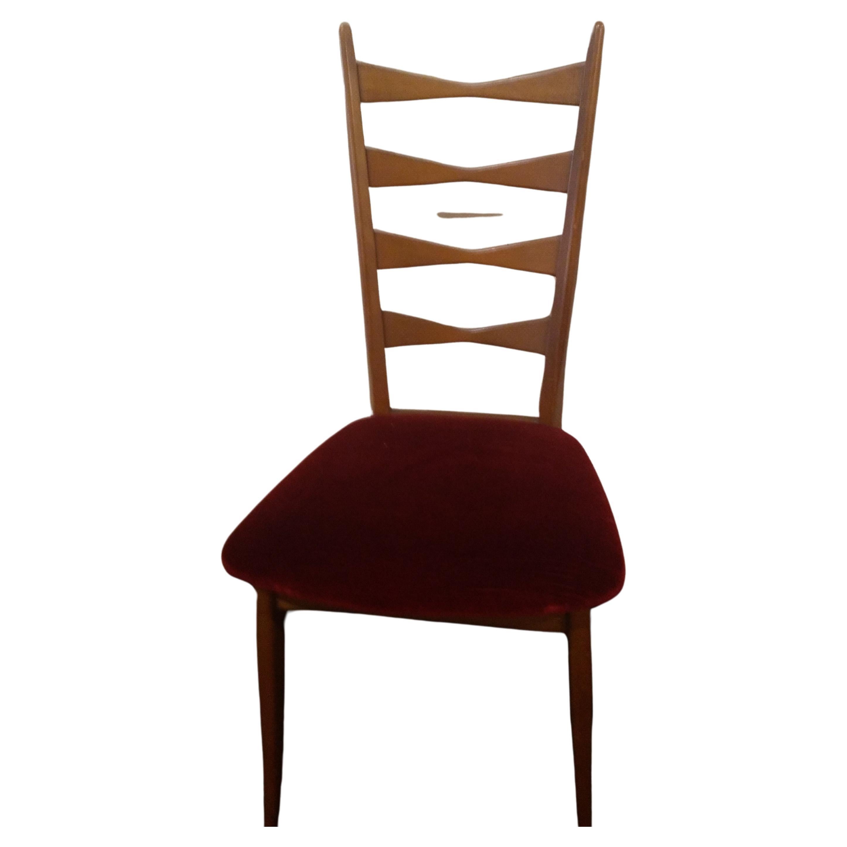 4 Mid-century modern ,Danish chairs ,original in every part, ,have high backs ,are in  light wood , with the original dark red velvet seat . These chairs are elegant and have style.
These chairs have the original production label ,under the seat.
.