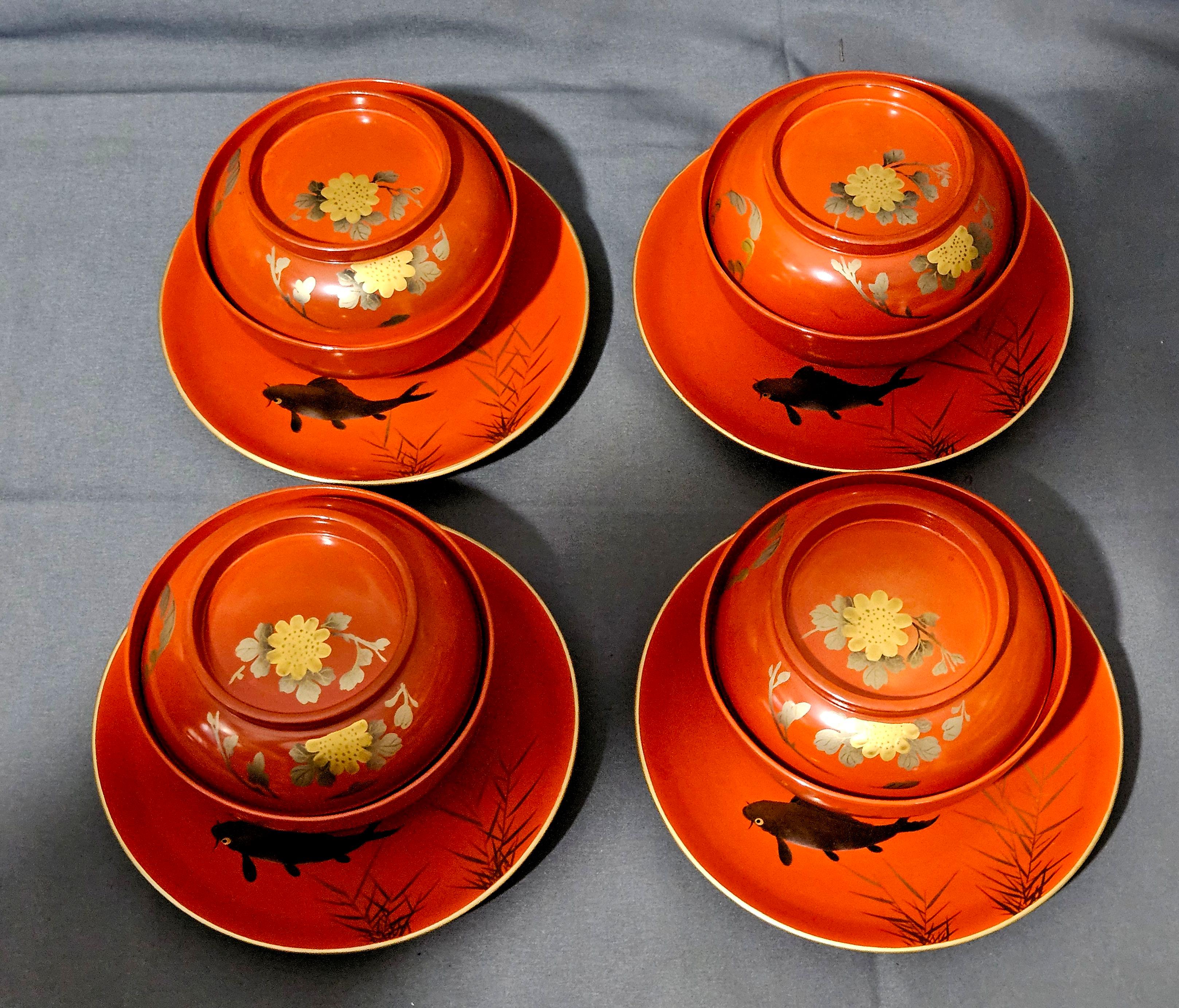 Amazing 4 Sets of Japanese Gilt Lidded Rice Lacquer Bowls w/ Covers and Trays from the 19 Century. There are a total of 12 pieces, signed on both the bowl and the cover.

The Bowls measured: 5
