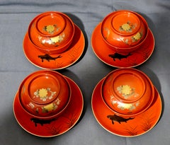 Japanese Gilt Lidded Rice Lacquer Bowls w/ Covers & Trays, Signed 19 Century