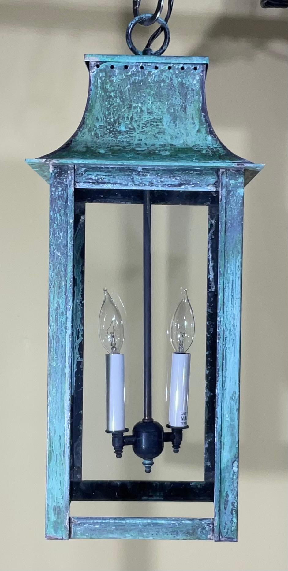 Quality handmade solid brass lantern with two 60 watt lights.
Electrified and ready to light. Beautiful oxidization patina.
Made in the US , UL approved 
Could be used in wet location and indoor.