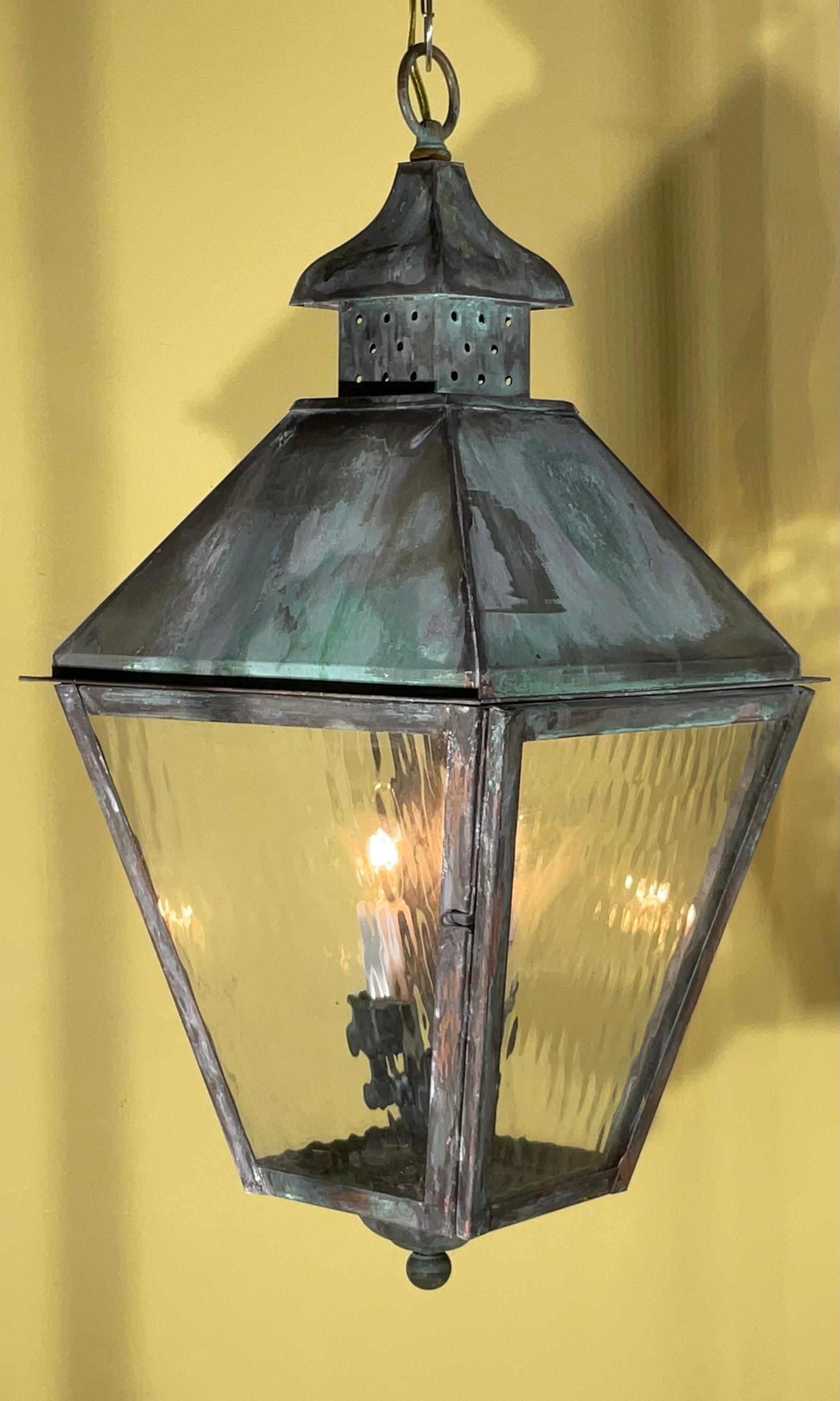 Hand-Crafted 4-Sides Hanging Copper Lantern For Sale