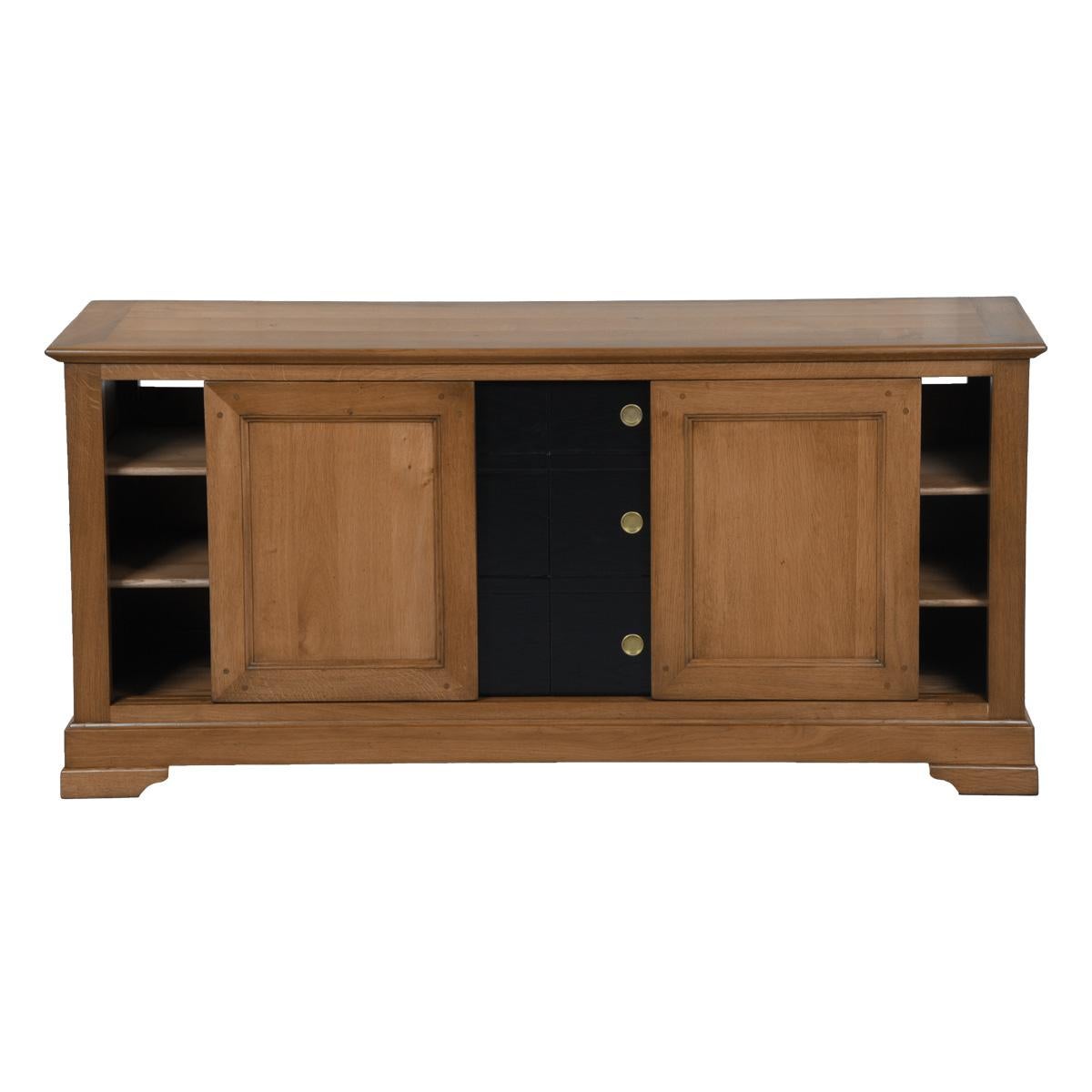 Hand-Crafted 4-sliding door TV large cabinet, French Louis Philippe interpretation in oak For Sale