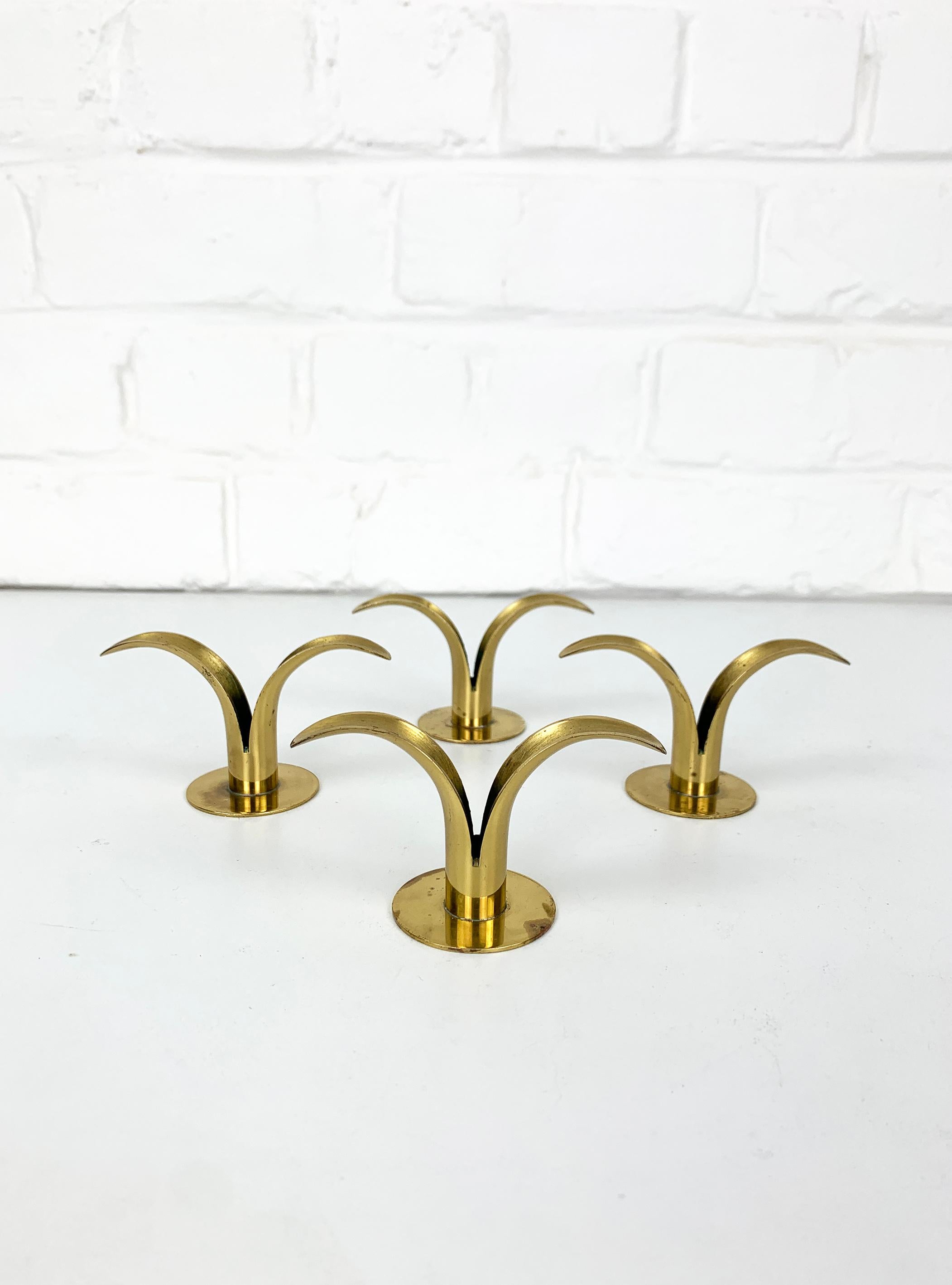 Scandinavian Modern 4 Small Mid-Century Brass Model Lily Candleholders from Lbe Konst, Ystad, Sweden