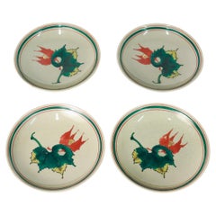4 Small Post-War Japanese Kousen Kutani Porcelain Plates with Maple Leaves