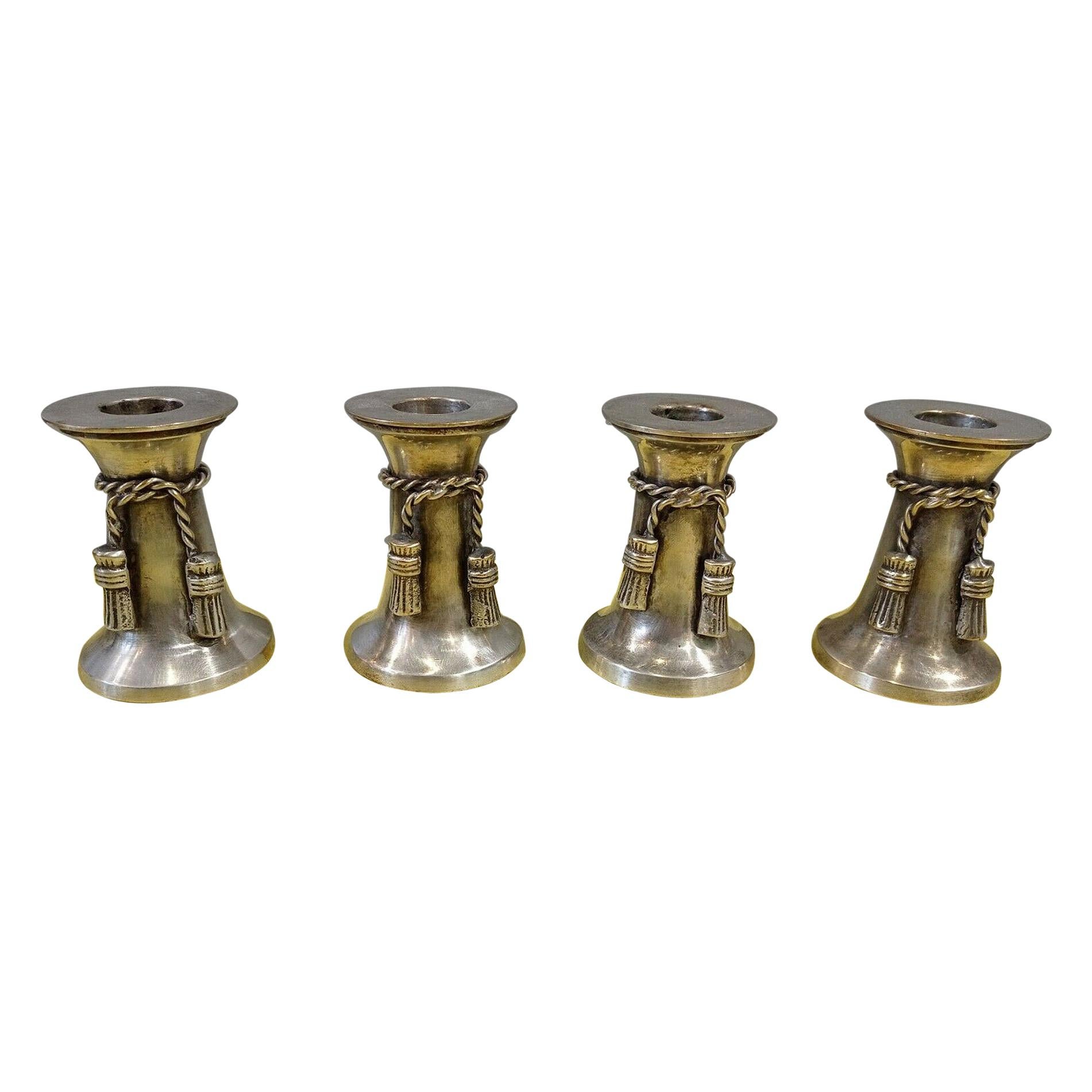 4 Small Silver-Plated Candlesticks with a Very Beautiful Decoration of Cords