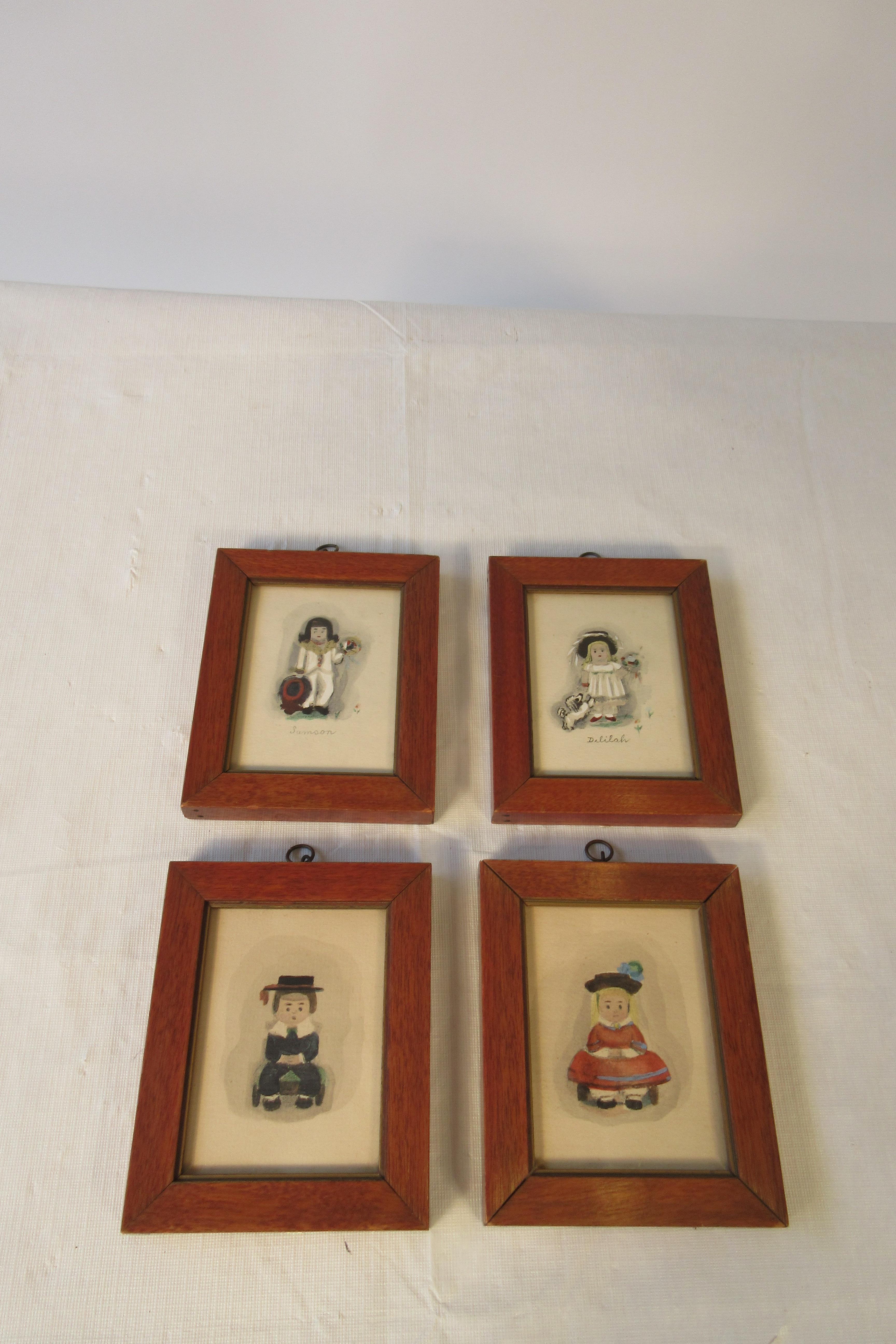 4 kleine Aquarelle von Kindern aus dem 19. Jahrhundert aus einer Galerie in der Madison Ave. in NYC. Jedes Kind hat seinen Namen unter das Bild geschrieben. Aus einem Nachlass in Southampton, NY.