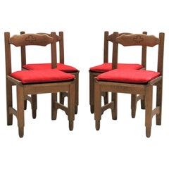 4 Solid Oak Chairs by Guillerme & Chambron, Original Red Fabric, France, 1980s