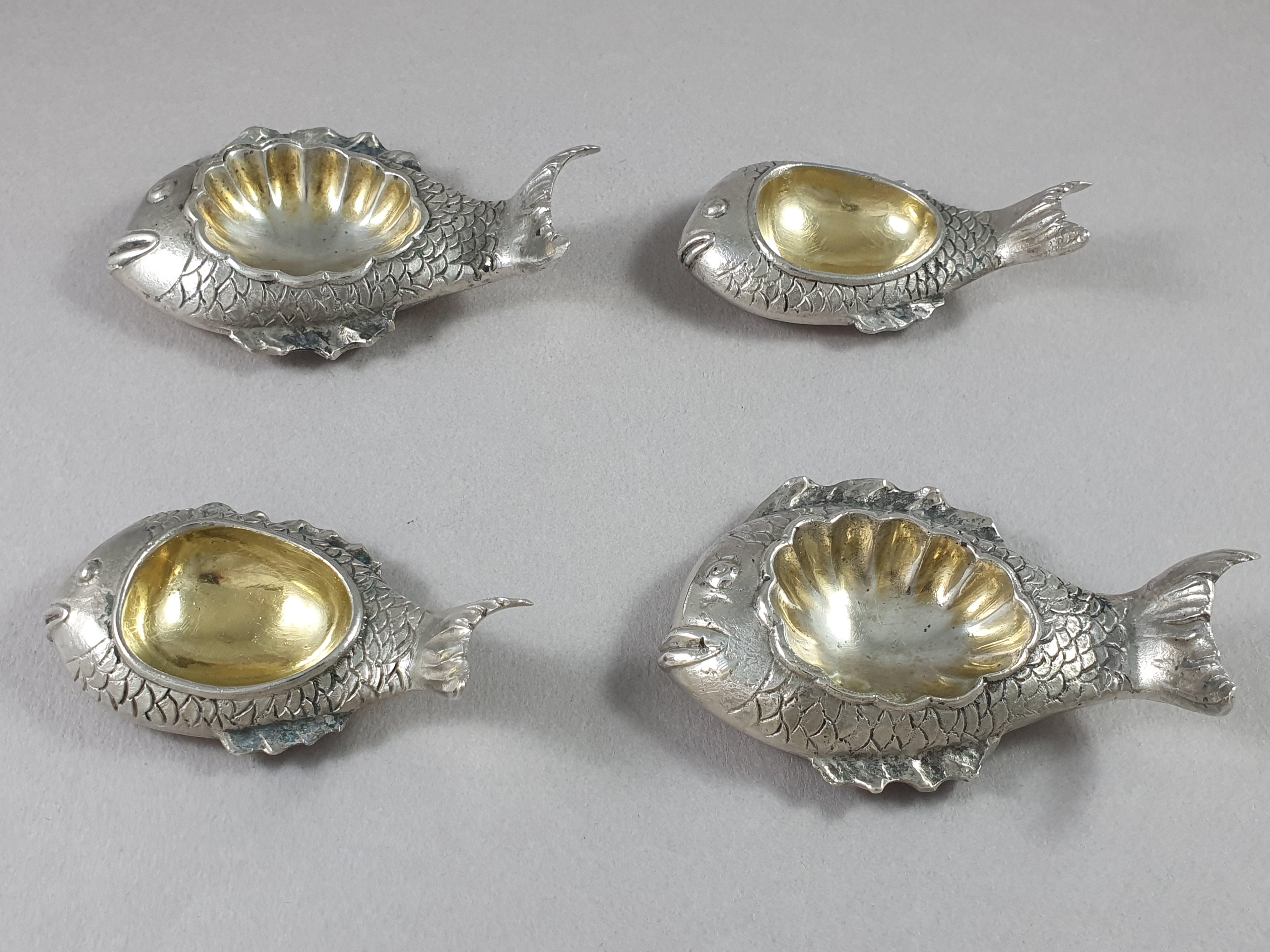 Late 20th Century 4 Solid Silver Salt and Pepper Cellars Fish