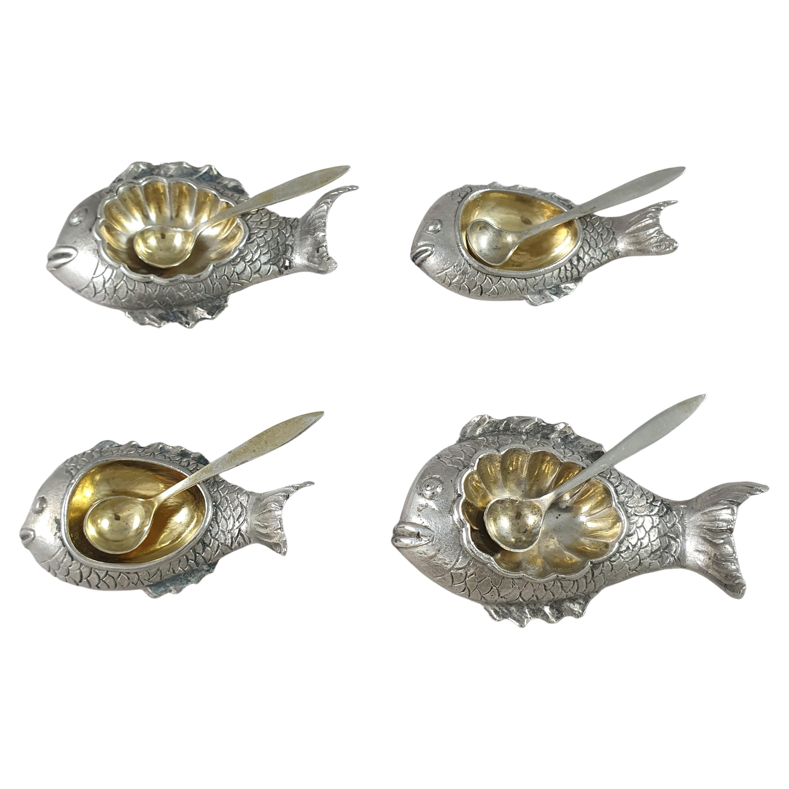 4 Solid Silver Salt and Pepper Cellars Fish