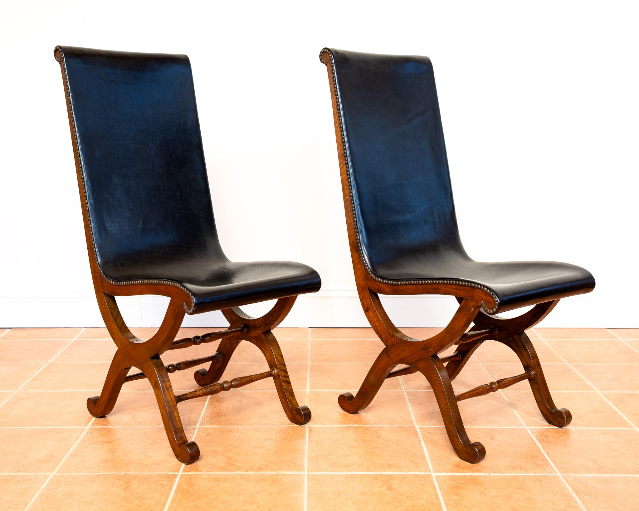 4 Sillas de Comedor de Piel de Roble Español Pierre Lottier Valmazan Mid Century en venta 3