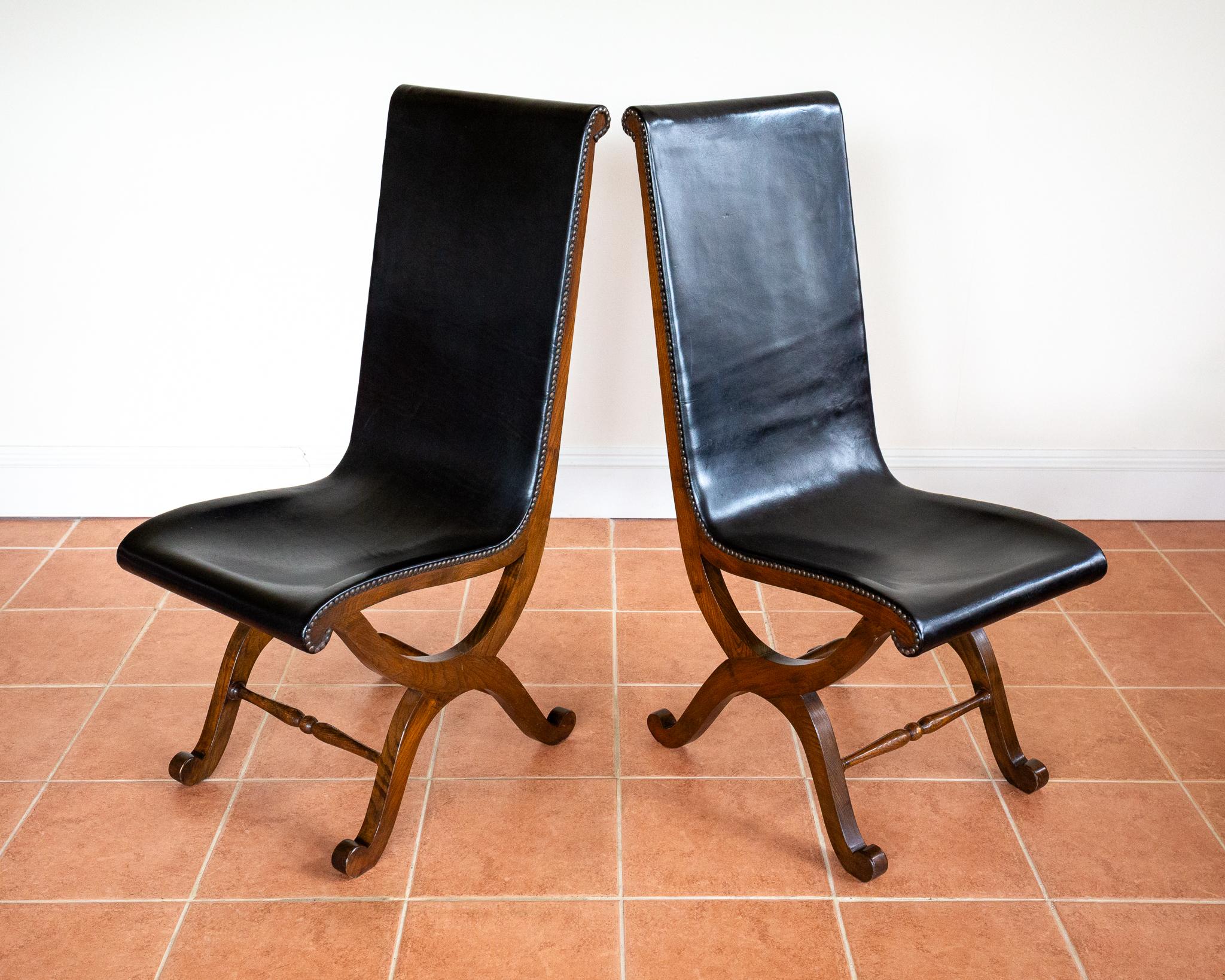 4 Sillas de Comedor de Piel de Roble Español Pierre Lottier Valmazan Mid Century en venta 7