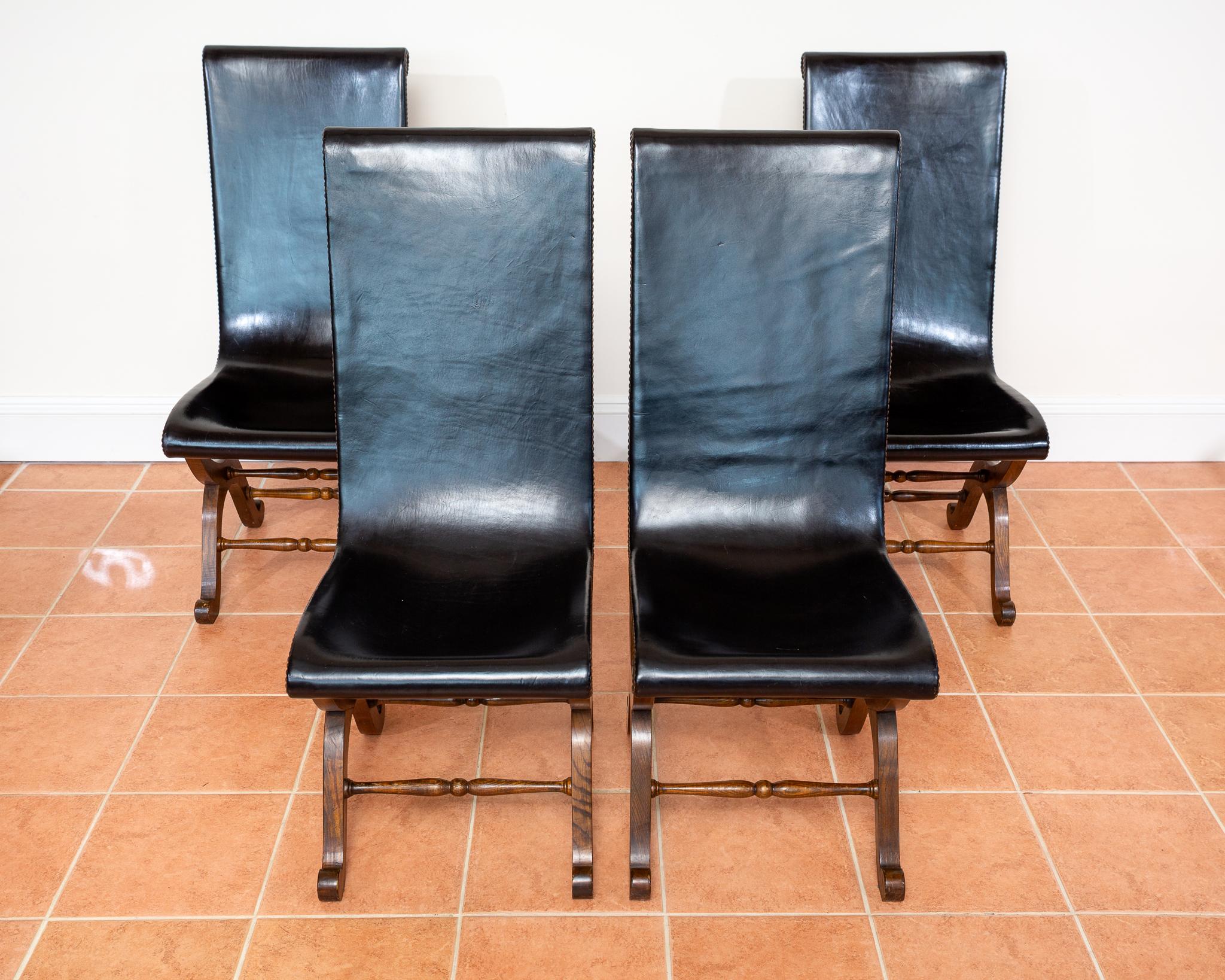 4 Sillas de Comedor de Piel de Roble Español Pierre Lottier Valmazan Mid Century en venta 8