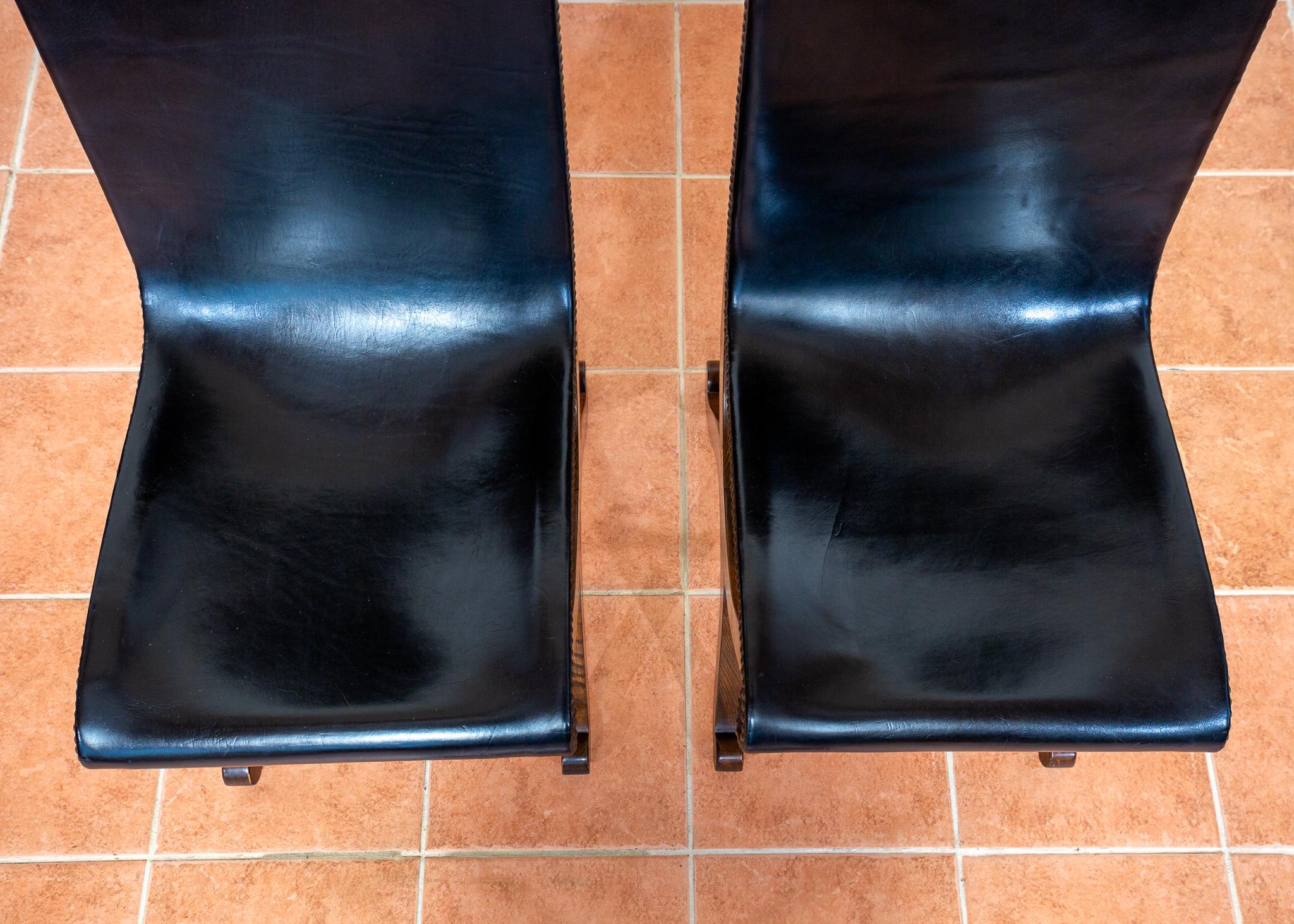 4 Sillas de Comedor de Piel de Roble Español Pierre Lottier Valmazan Mid Century en venta 11