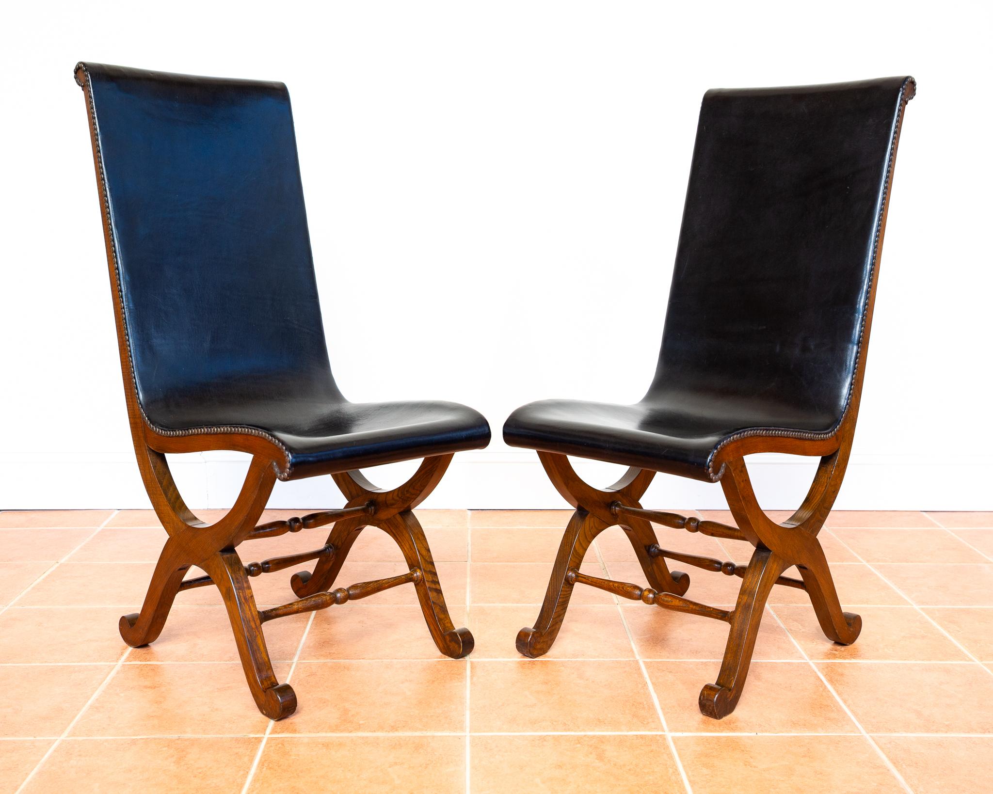 4 Sillas de Comedor de Piel de Roble Español Pierre Lottier Valmazan Mid Century Cuero en venta