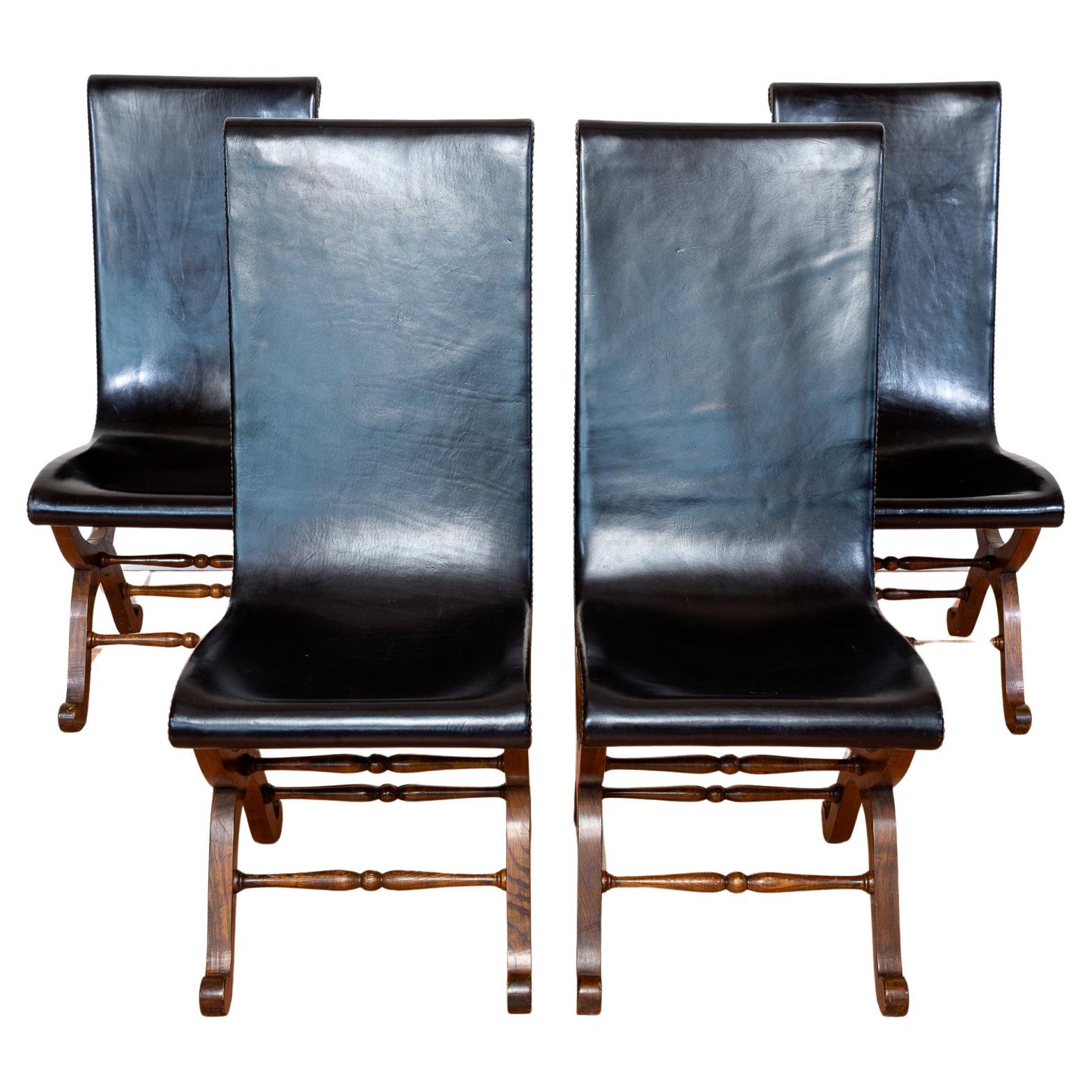 4 Spanish Oak Leather Dining Chairs Spanish Pierre Lottier Valmazan Mid Century