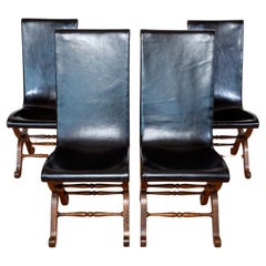 Antique 4 Spanish Oak Leather Dining Chairs Spanish Pierre Lottier Valmazan Mid Century