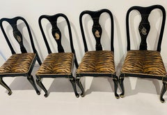 4 Spectacular Black Lacquer Tiger Tapestry Chairs