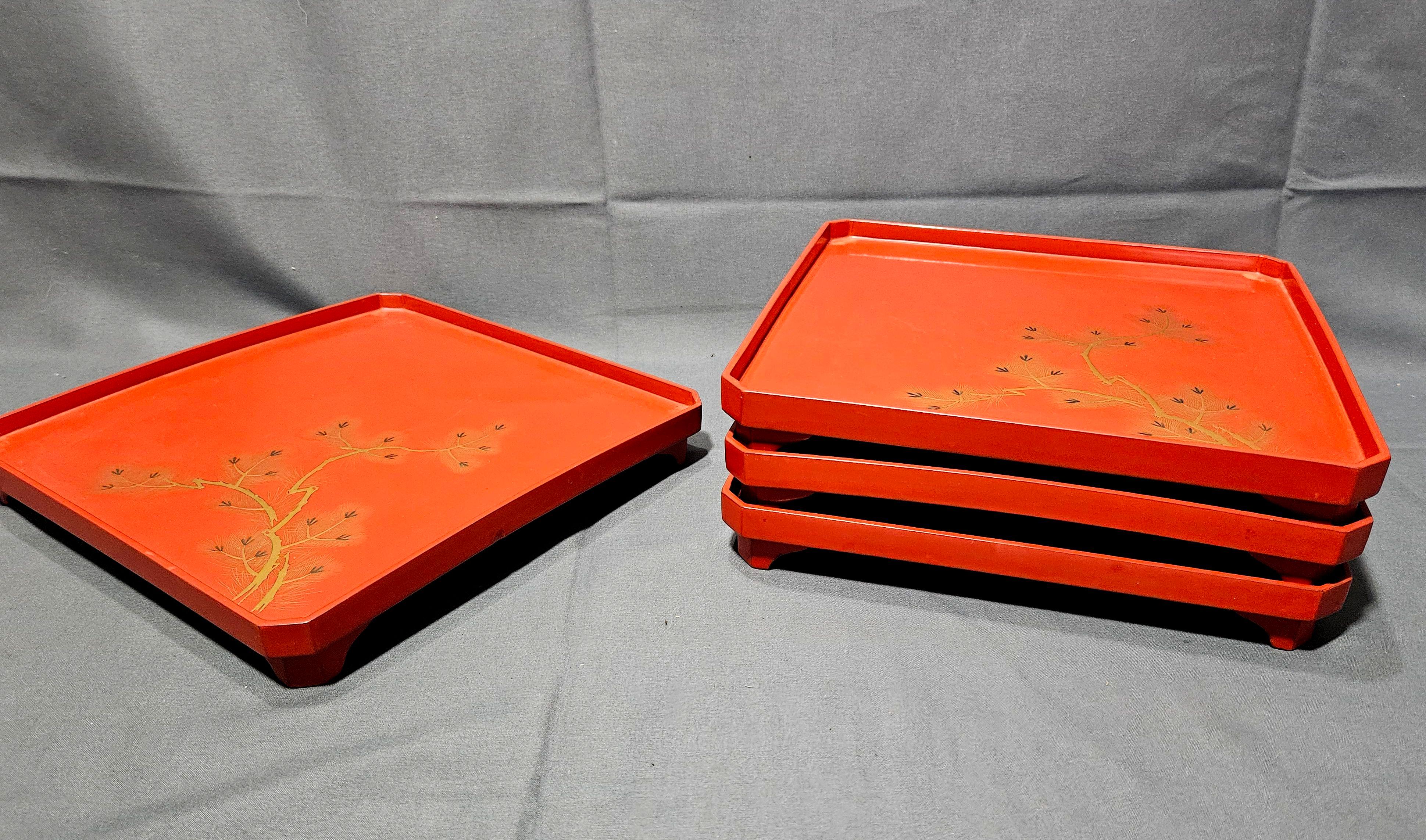 4 Square red footed trays, Early 20th Century In Excellent Condition For Sale In Norton, MA