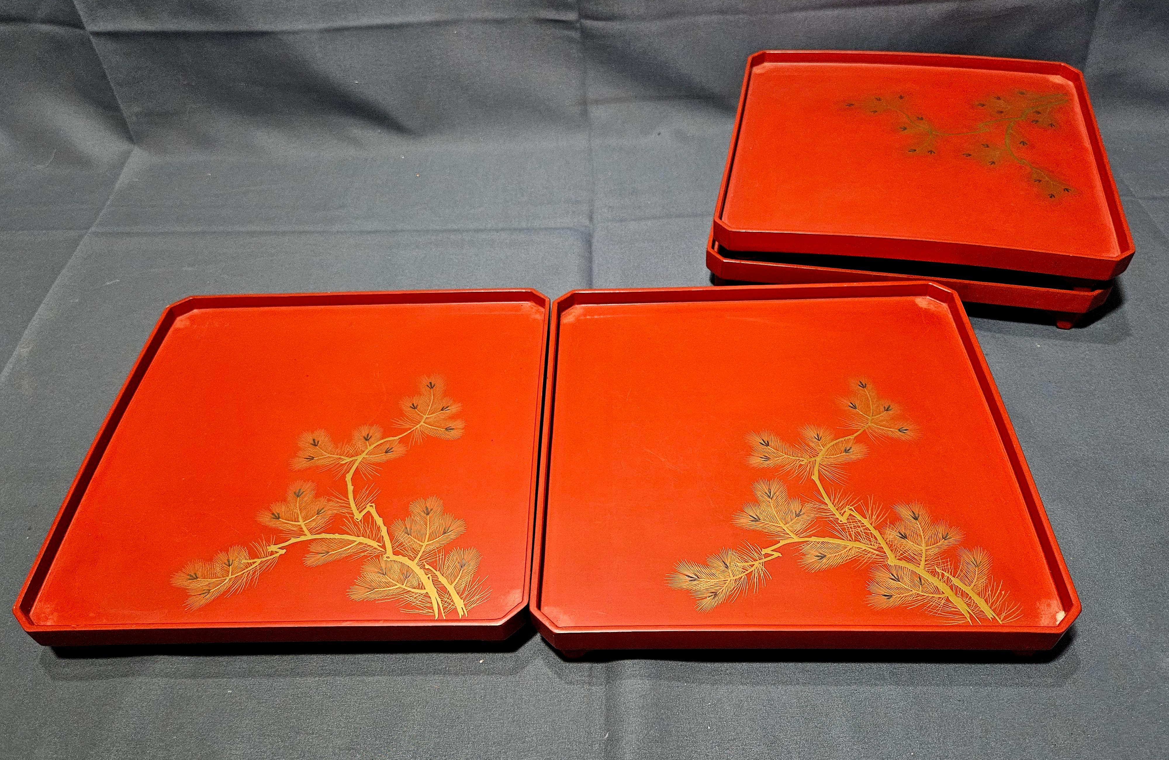 4 Square red footed trays, Early 20th Century For Sale 1