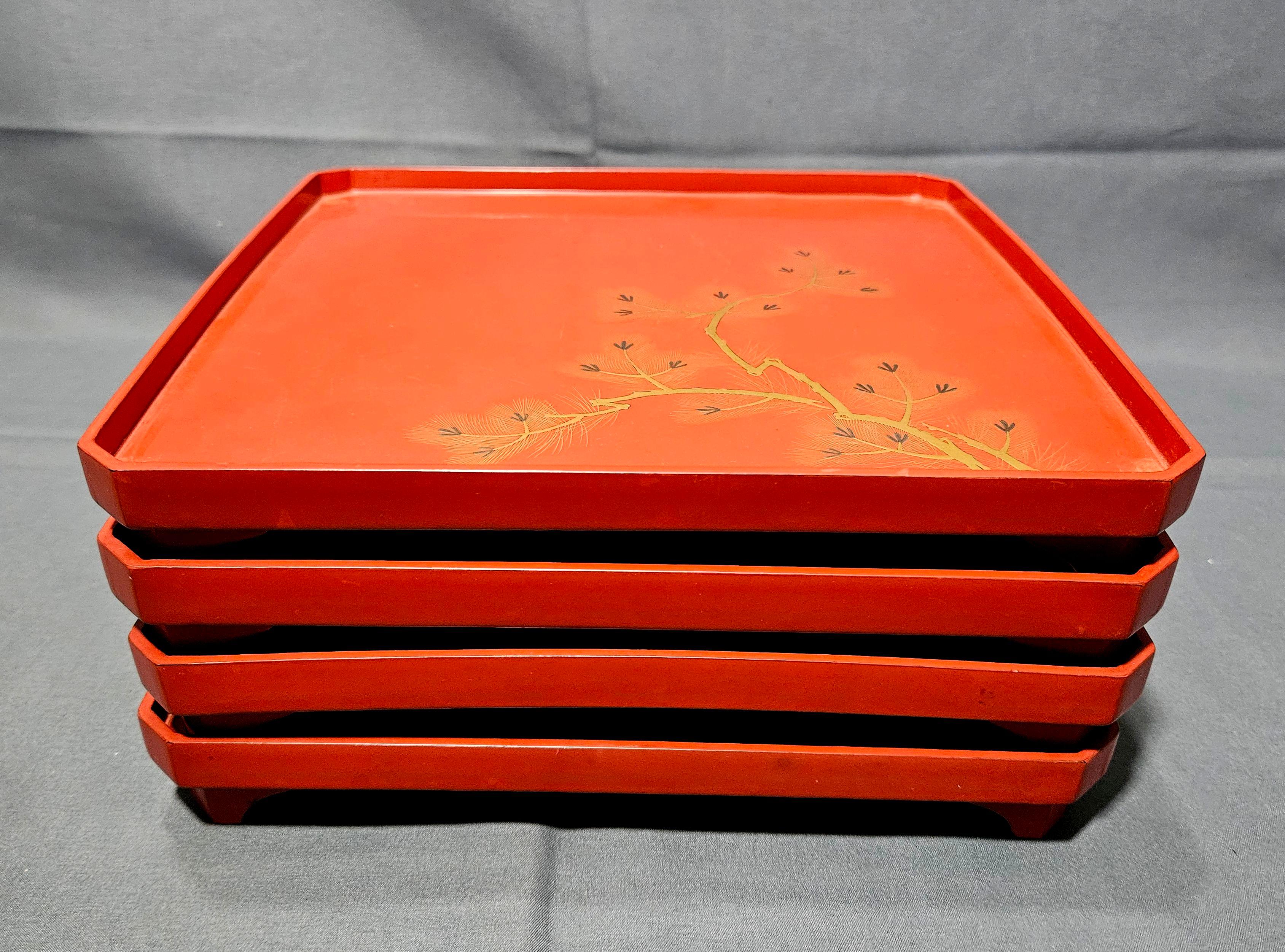 4 Square red footed trays, Early 20th Century For Sale 3