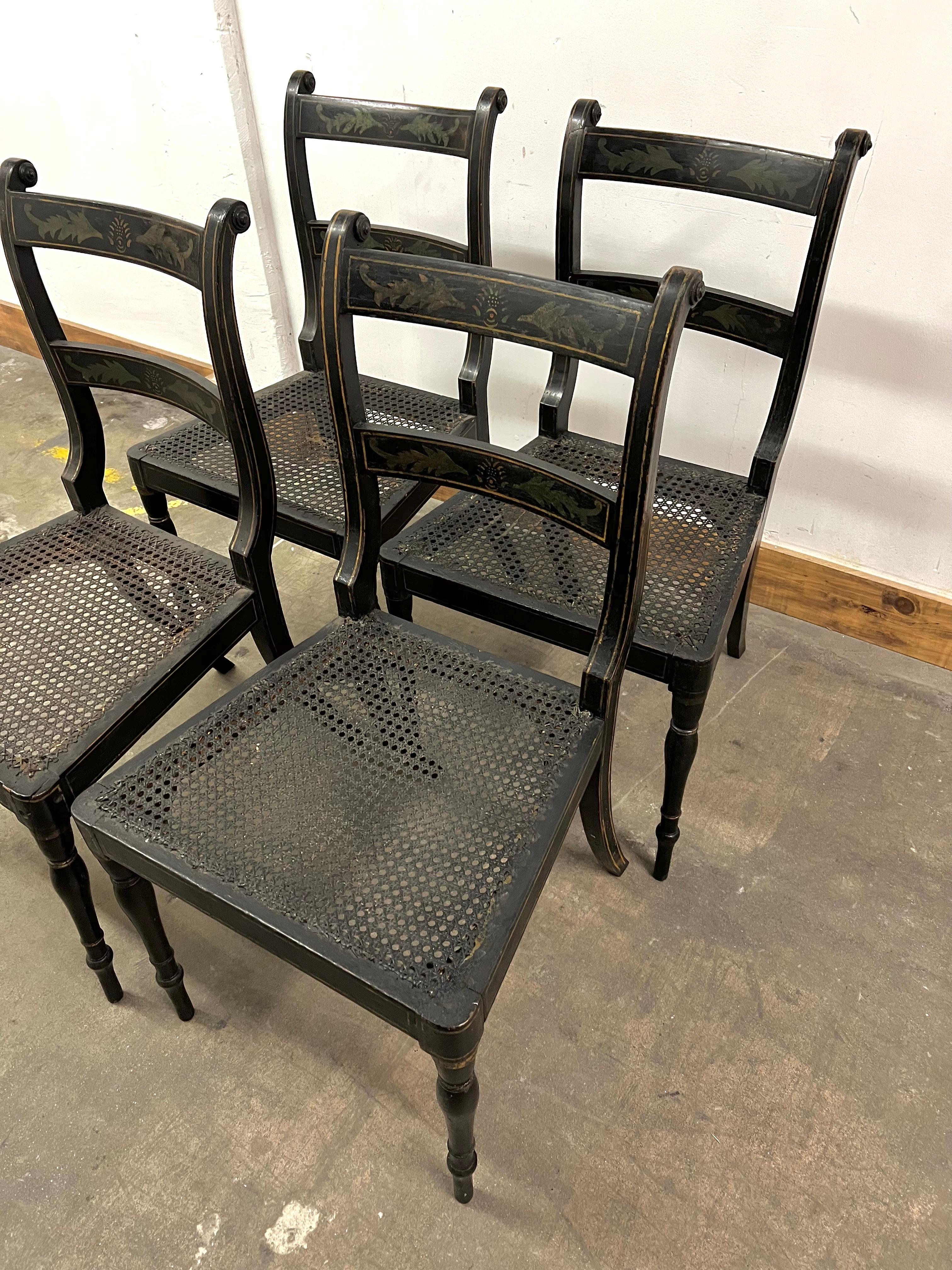 Hand-Painted 4 Stenciled New England Hitchcock Style Chairs with Cane Seats