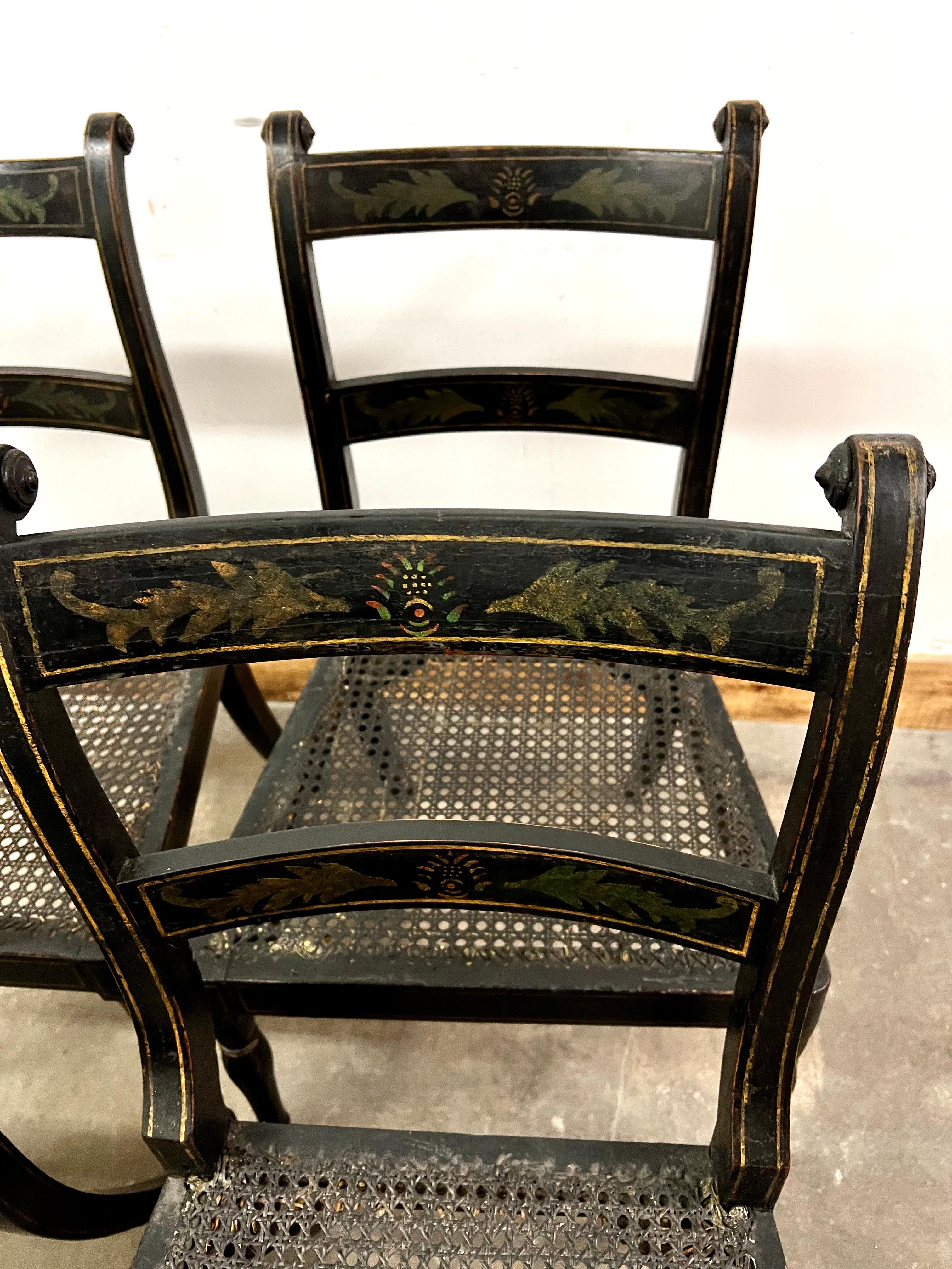 19th Century 4 Stenciled New England Hitchcock Style Chairs with Cane Seats