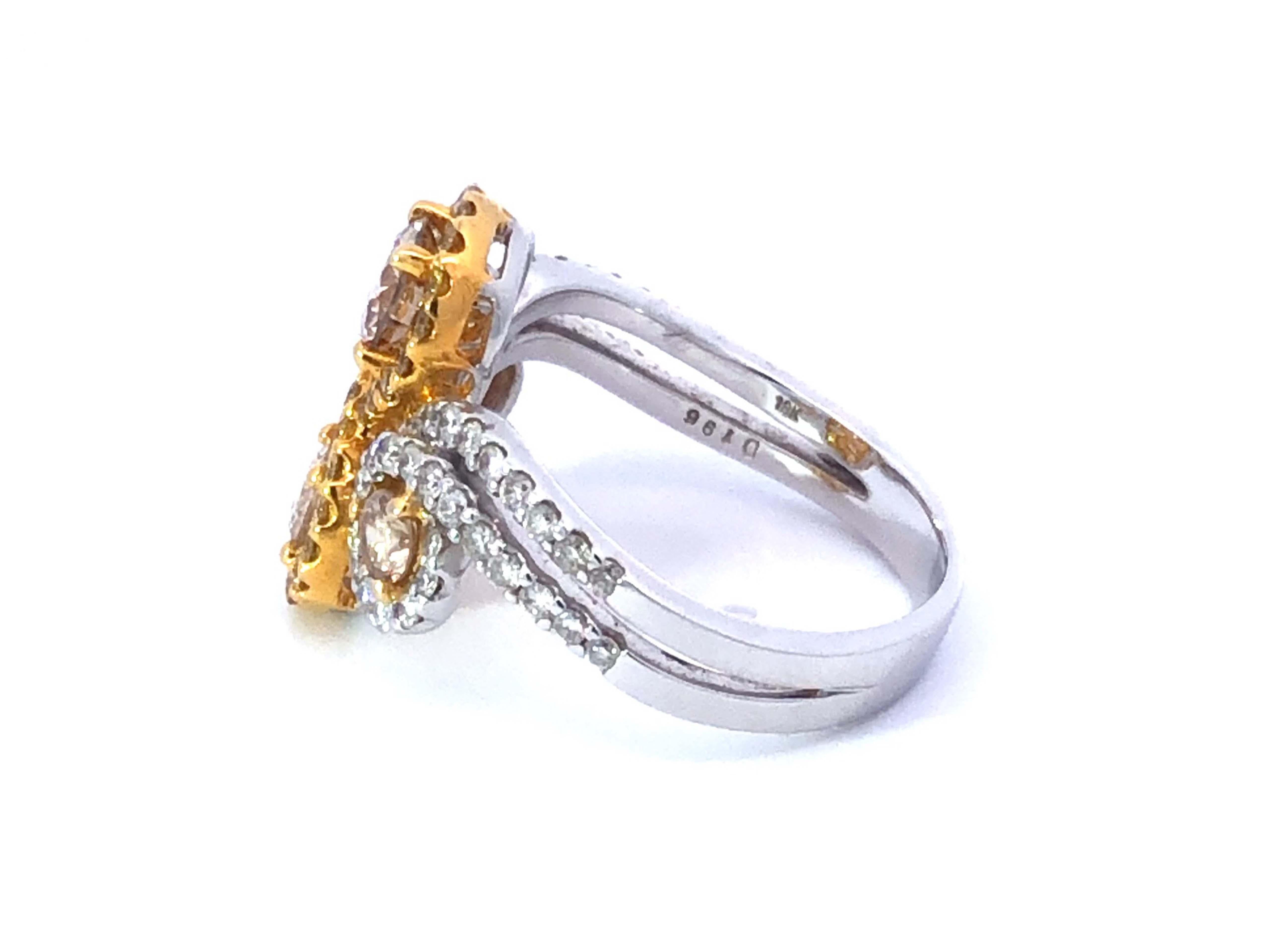 Round Cut 4 Stone Infinity Diamond Ring, Champagne, Yellow and White Diamonds 18K  For Sale