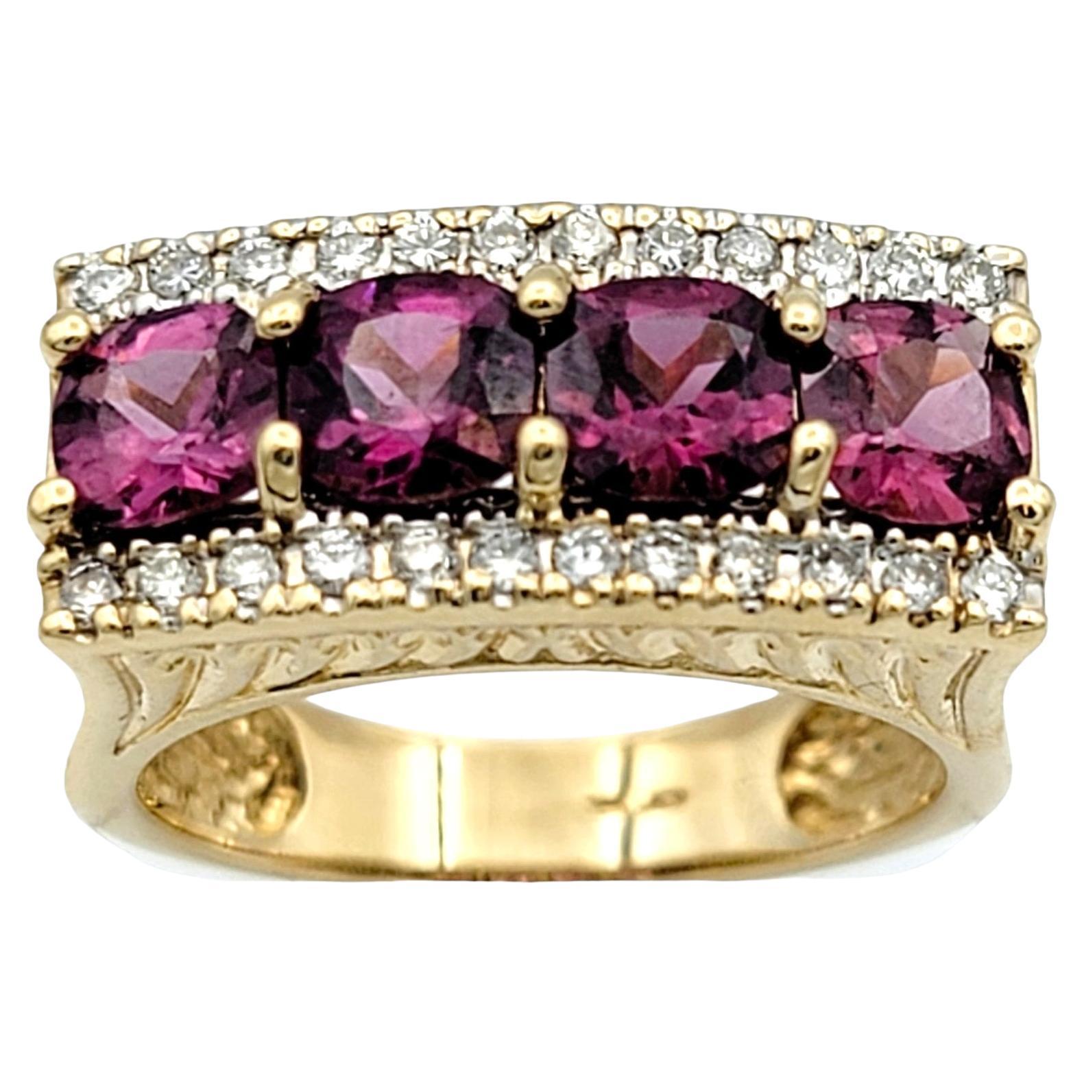 4 Stone Rhodolite Garnet and Pave Diamond Band Ring in 14 Karat Yellow Gold  For Sale