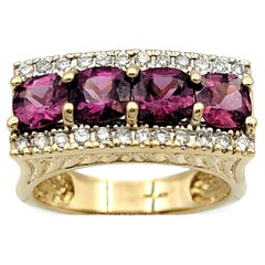 4 Stone Rhodolite Garnet and Pave Diamond Band Ring in 14 Karat Yellow Gold 