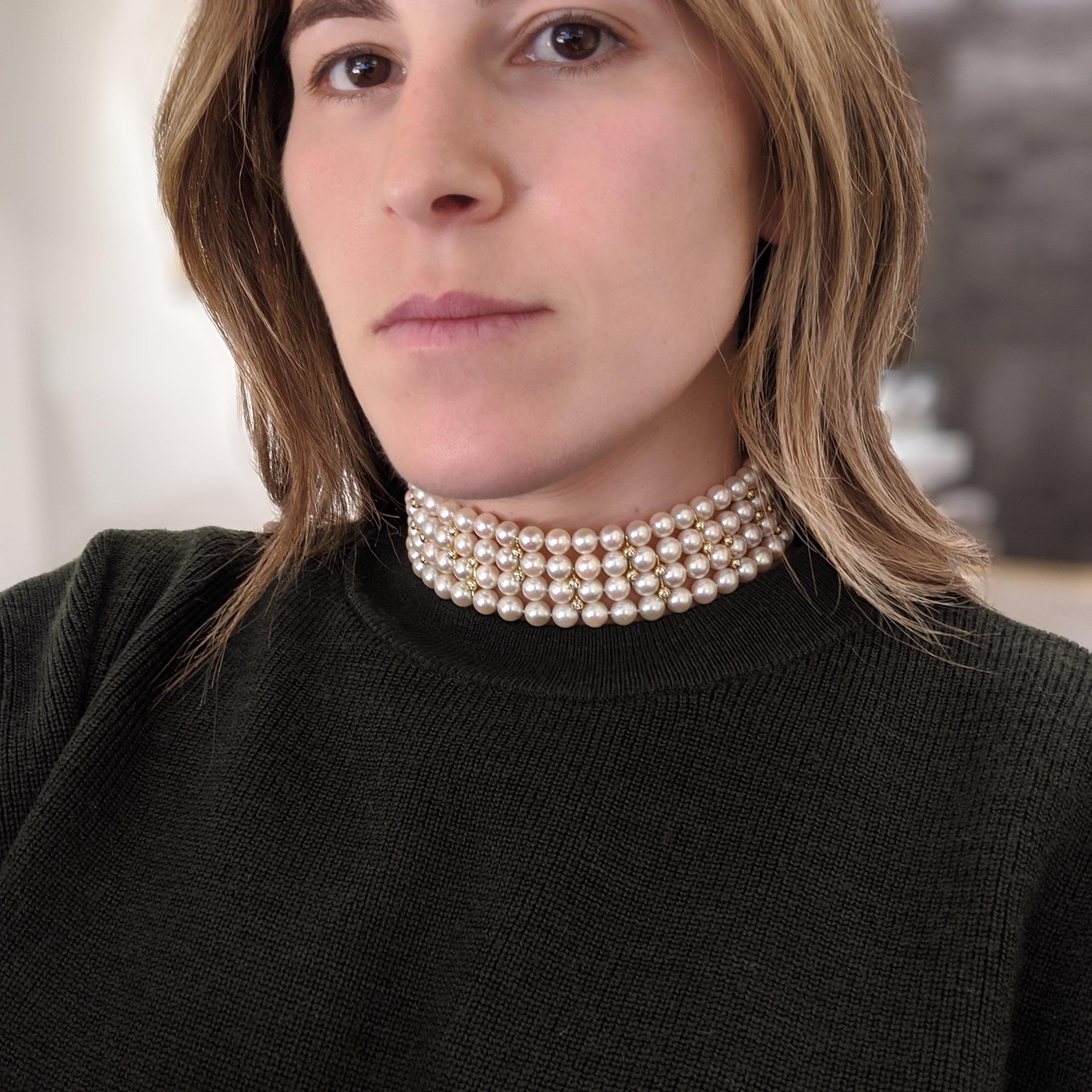 4 Strand AAA Japanese Cultured Pearl Choker with 18 Karat Gold and Diamonds For Sale 1