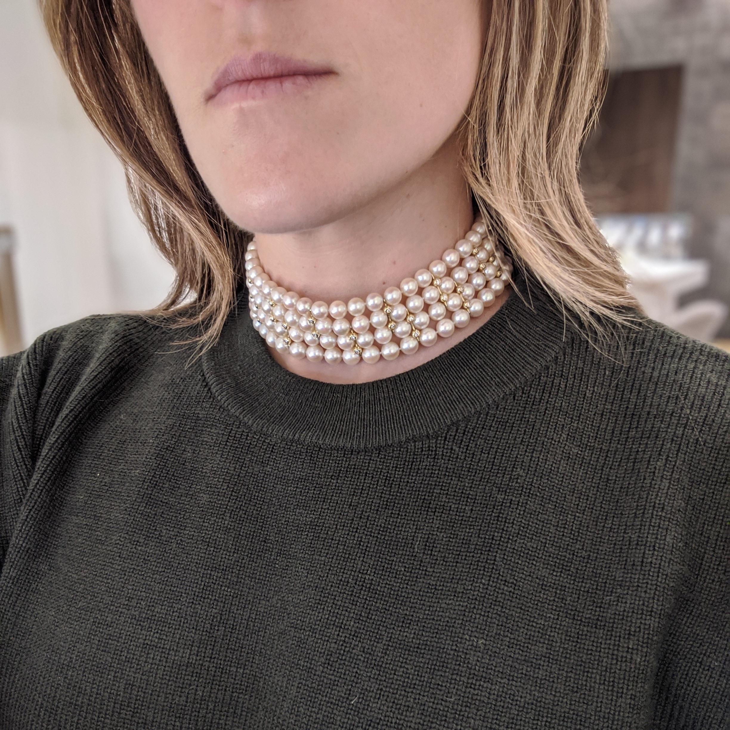 4 Strand AAA Japanese Cultured Pearl Choker with 18 Karat Gold and Diamonds For Sale 2