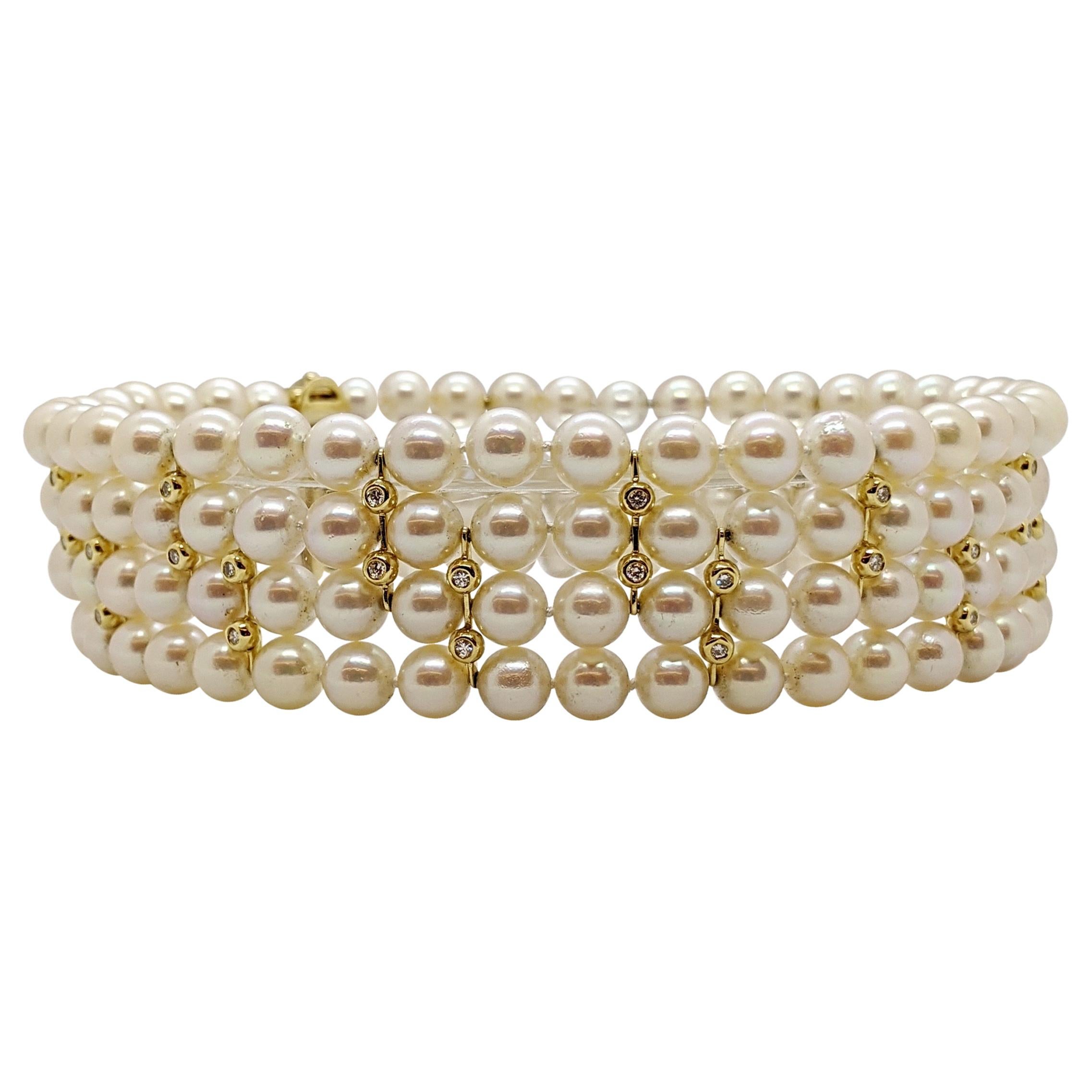4 Strand AAA Japanese Cultured Pearl Choker with 18 Karat Gold and Diamonds