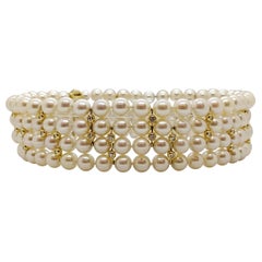 Retro 4 Strand AAA Japanese Cultured Pearl Choker with 18 Karat Gold and Diamonds