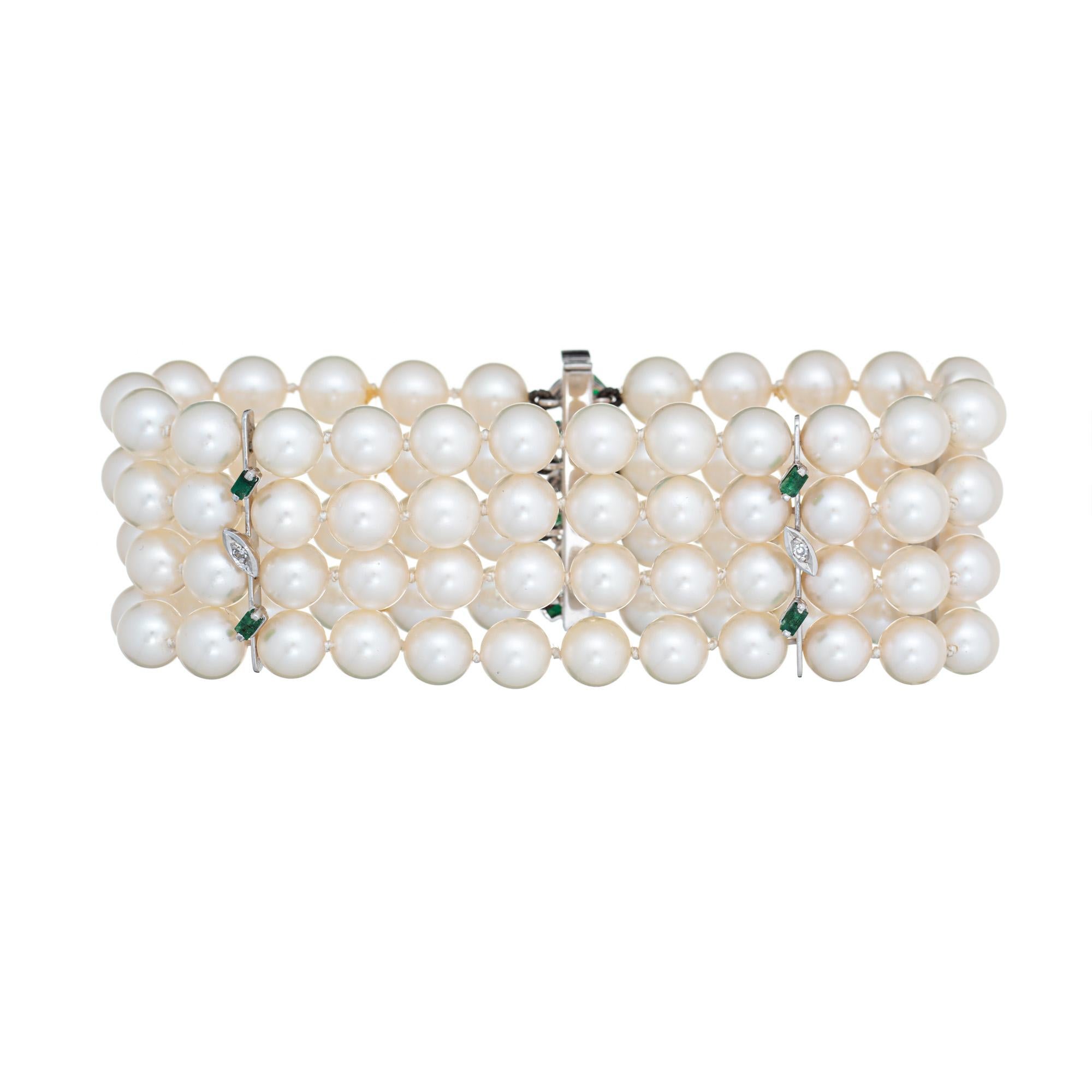 Finely detailed vintage 4 strand cultured pearl bracelet crafted in 18 karat white gold (circa 1950s to 1960s).

Cultured pearls measure 7mm each. The pearls are well matching, lustrous with a thick nacre. 10 emeralds measure 2mm x 1.5mm. 8 small