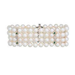 4 Strand Cultured Pearl Bracelet Vintage Gemstone 18k White Gold 7" Emerald