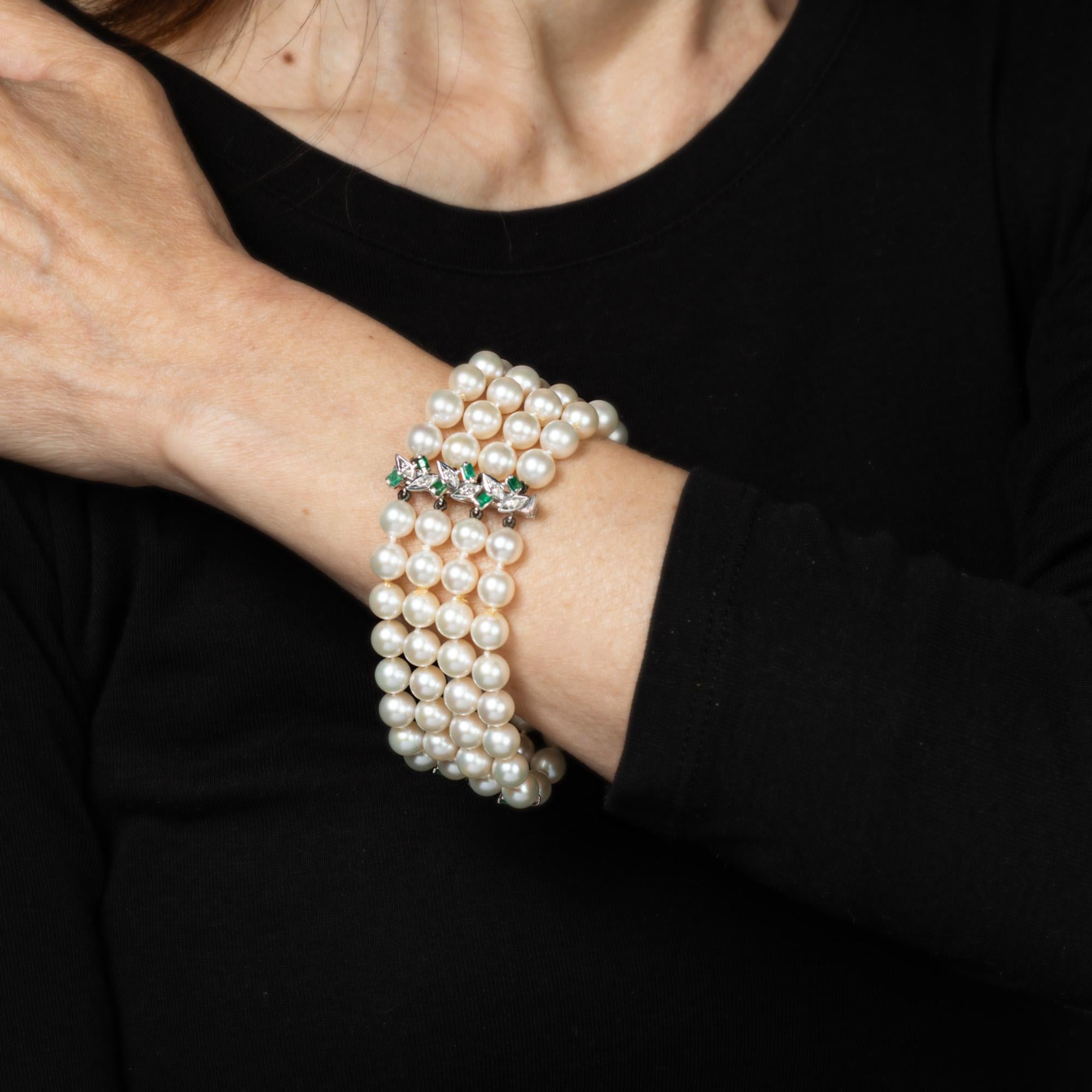 Round Cut 4 Strand Cultured Pearl Bracelet Vintage Gemstone 18k White Gold 7