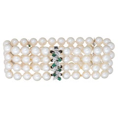 4 Strand Cultured Pearl Bracelet Vintage Gemstone 18k White Gold 7" Emerald