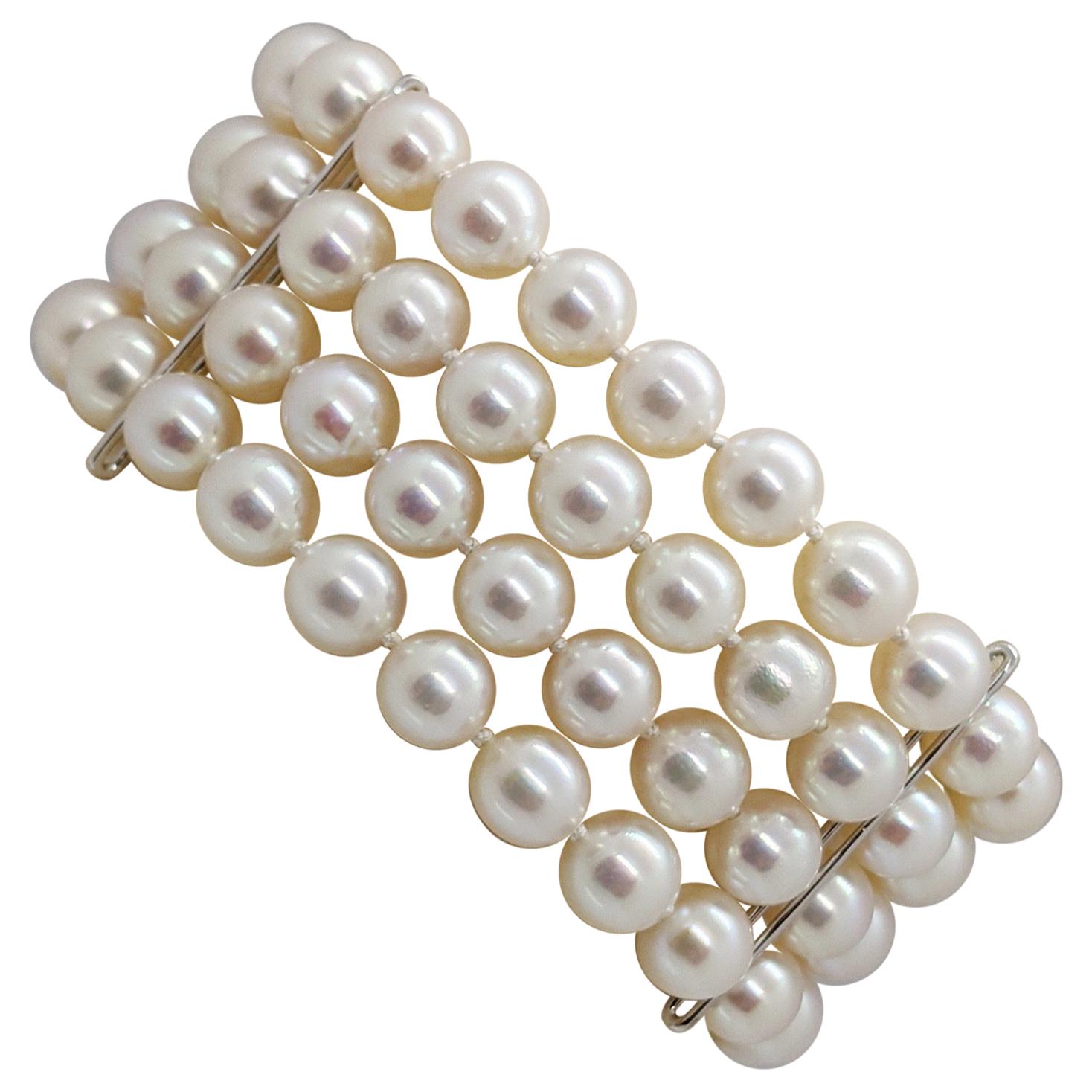 4-Strand Japanese Cultured Pearl Bracelet with 18 Karat Gold & Diamond Bar Clasp For Sale