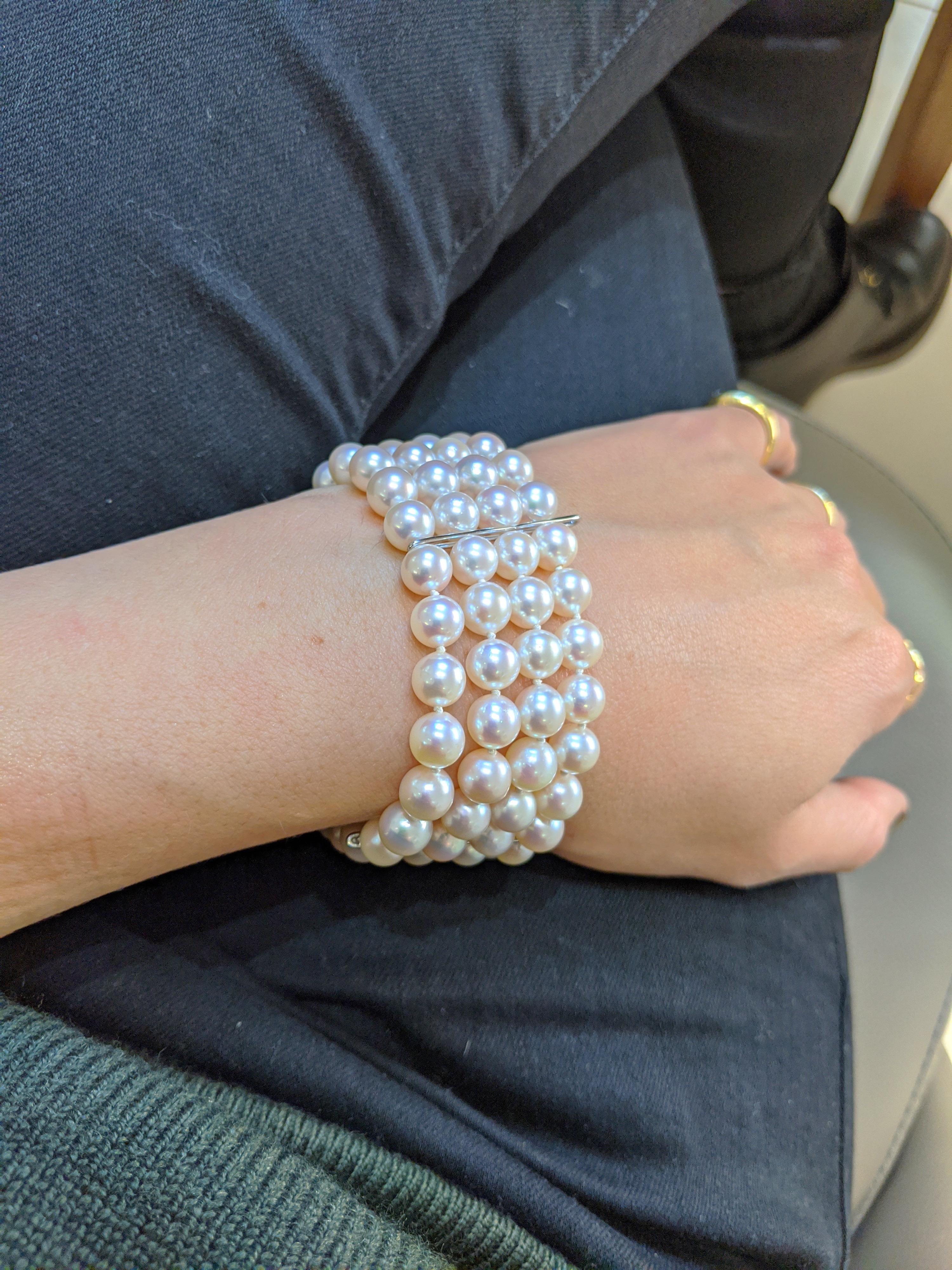 4-Strand Japanese Cultured Pearl Bracelet with 18 Karat Gold and Diamond  Bar Clasp For Sale at 1stDibs | 4 strand pearl bracelet, pearl bracelet on  wrist