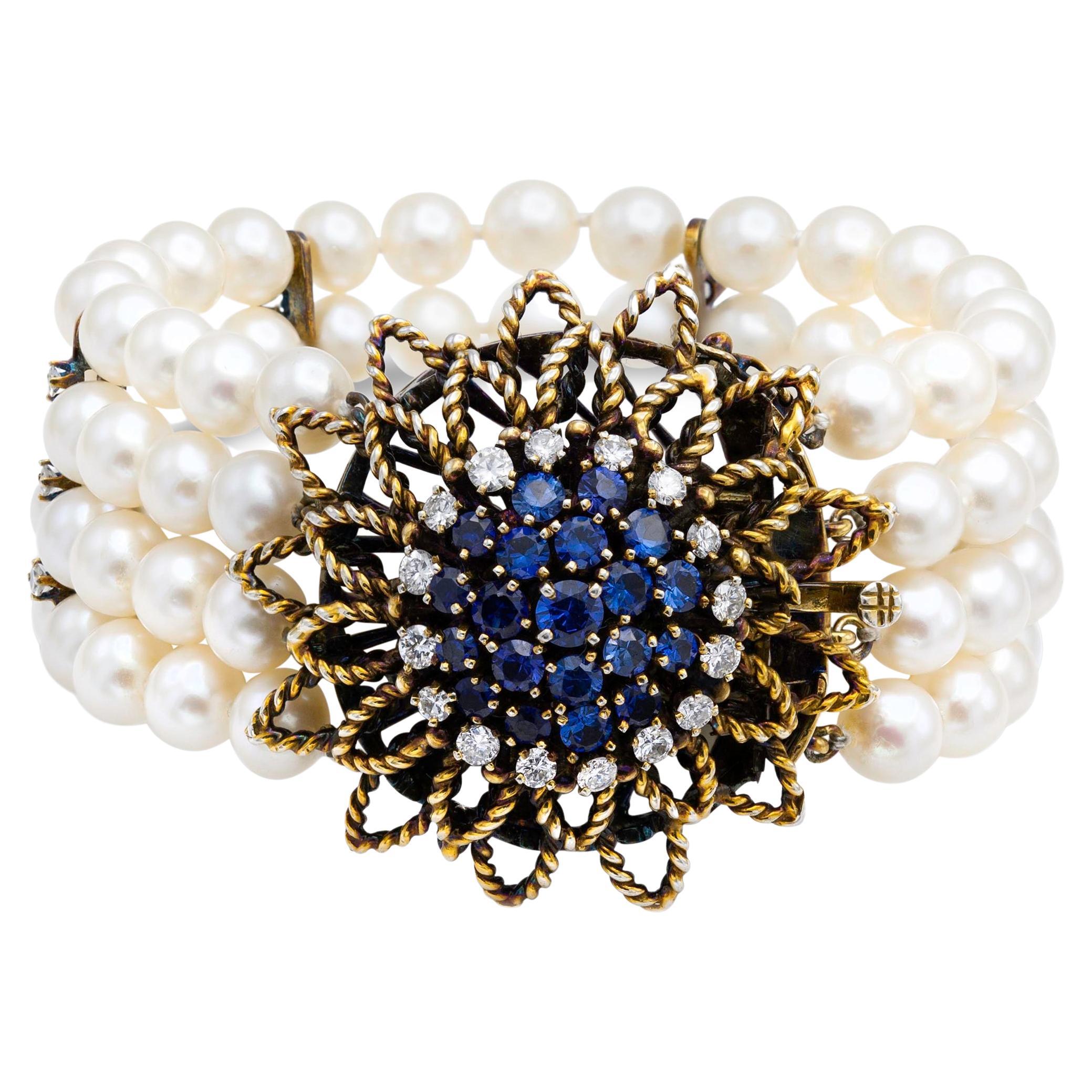 4 Strand Pearl Bracelet with Sapphire Flower Clasp For Sale