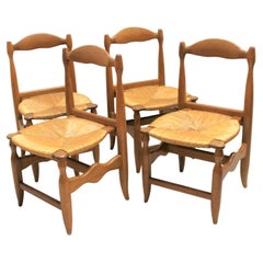 4 Straw Chairs in Light Oak by Guillerme and Chambron for "Votre Maison" Editor