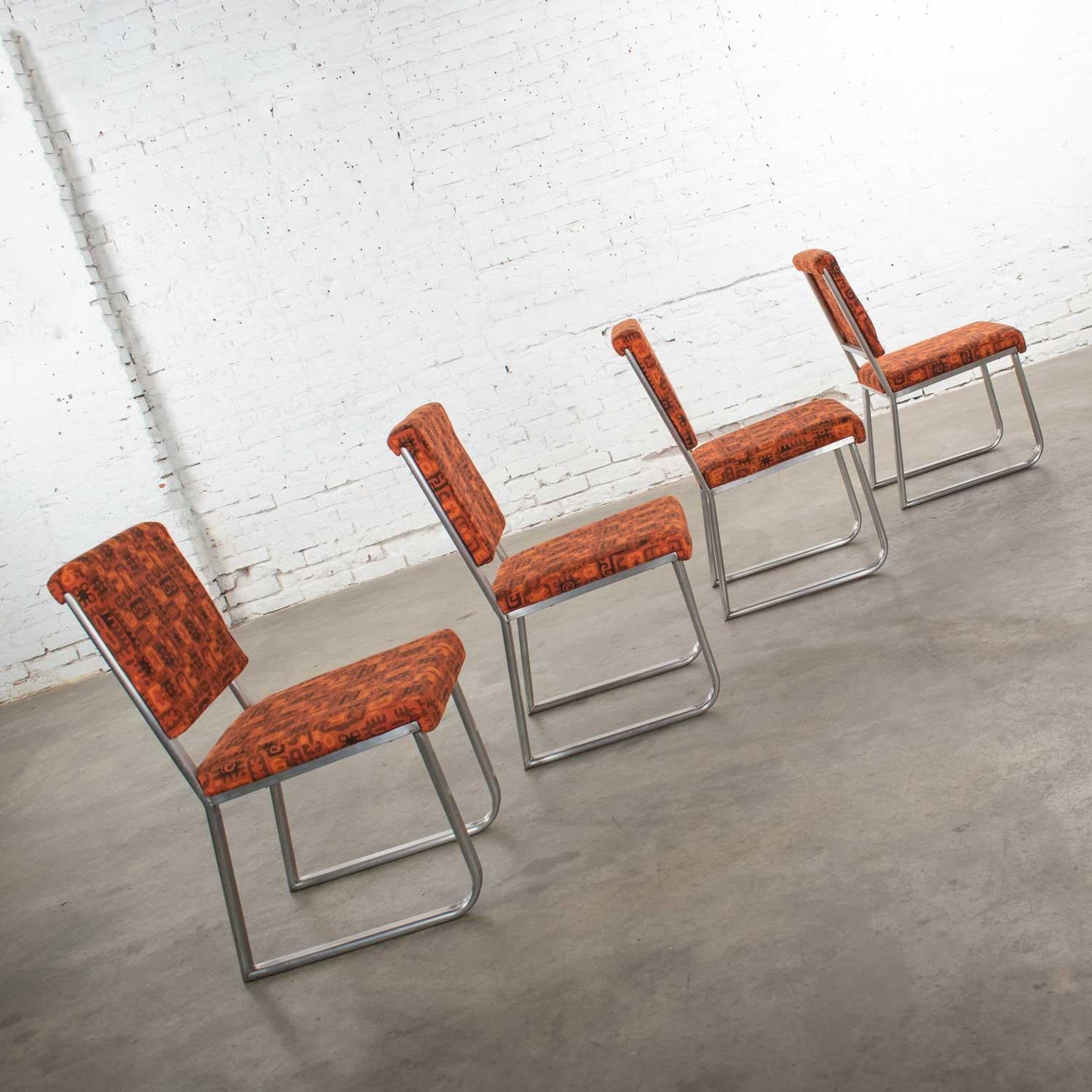 4 Streamline Modern Railroad Dining Car Chairs Stainless Steel and Orange Fabric For Sale 4