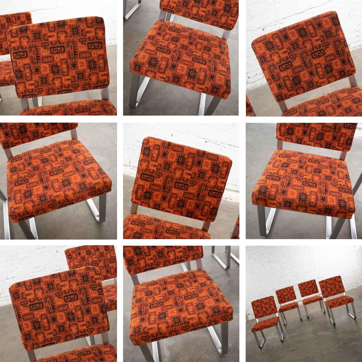 4 Streamline Modern Railroad Dining Car Chairs Stainless Steel and Orange Fabric For Sale 5
