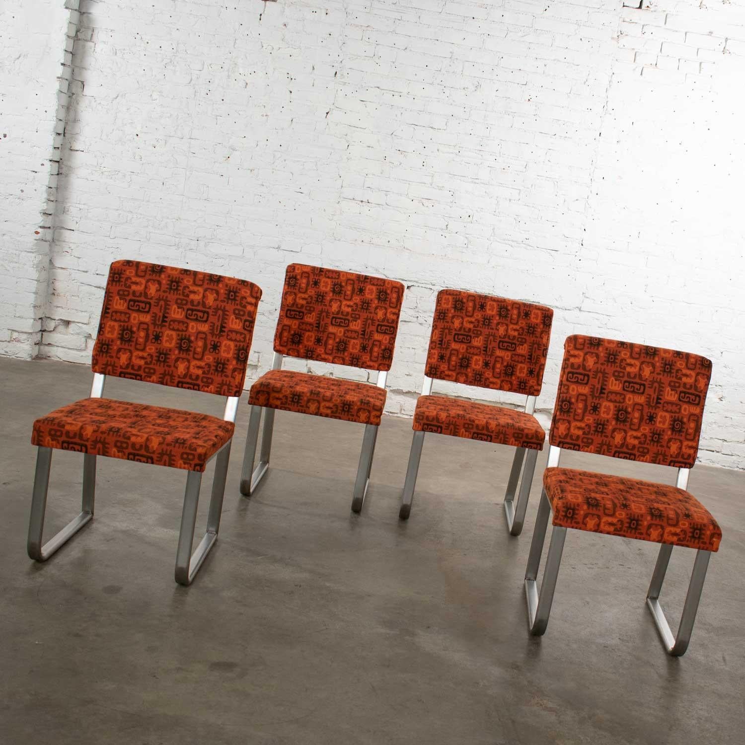 20th Century 4 Streamline Modern Railroad Dining Car Chairs Stainless Steel and Orange Fabric For Sale