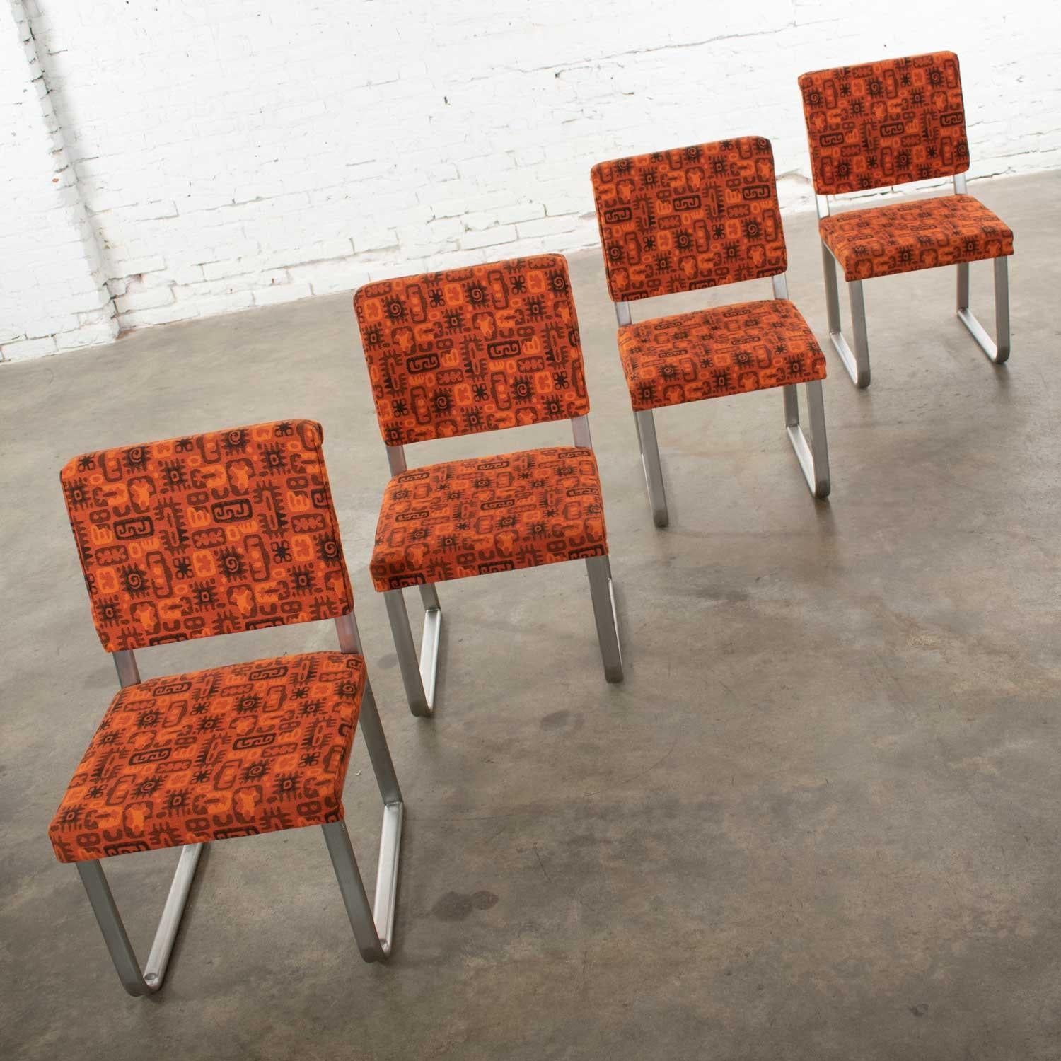 4 Streamline Modern Railroad Dining Car Chairs Stainless Steel and Orange Fabric For Sale 1